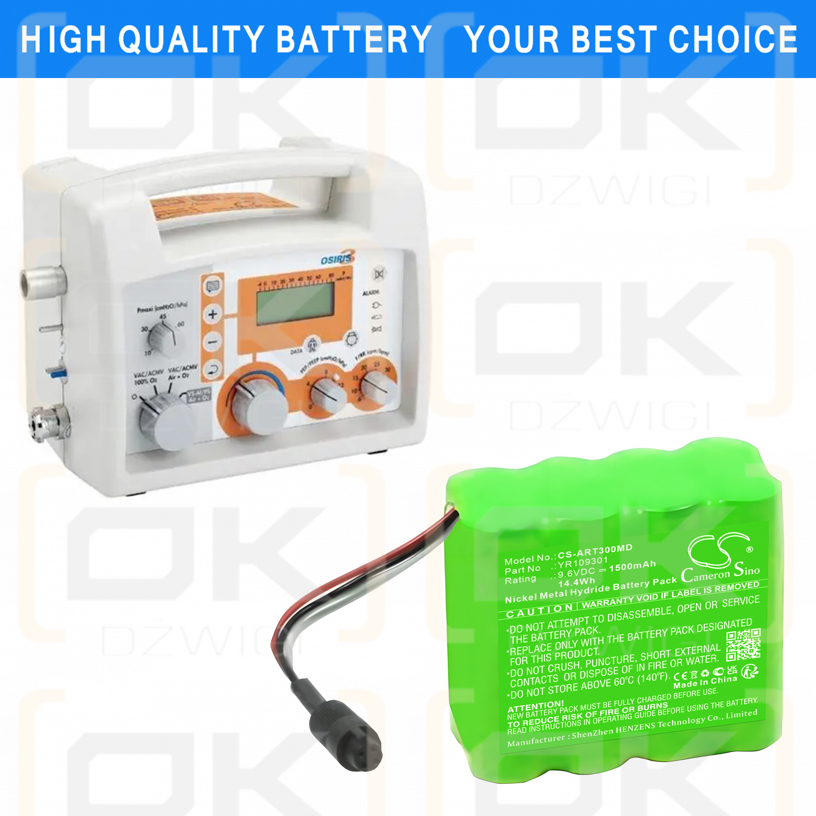 Air Liquide Ventilator Osiris 3 / YR109301 1500 mAh Ni-MH 9,6 V (Cameron Sino)