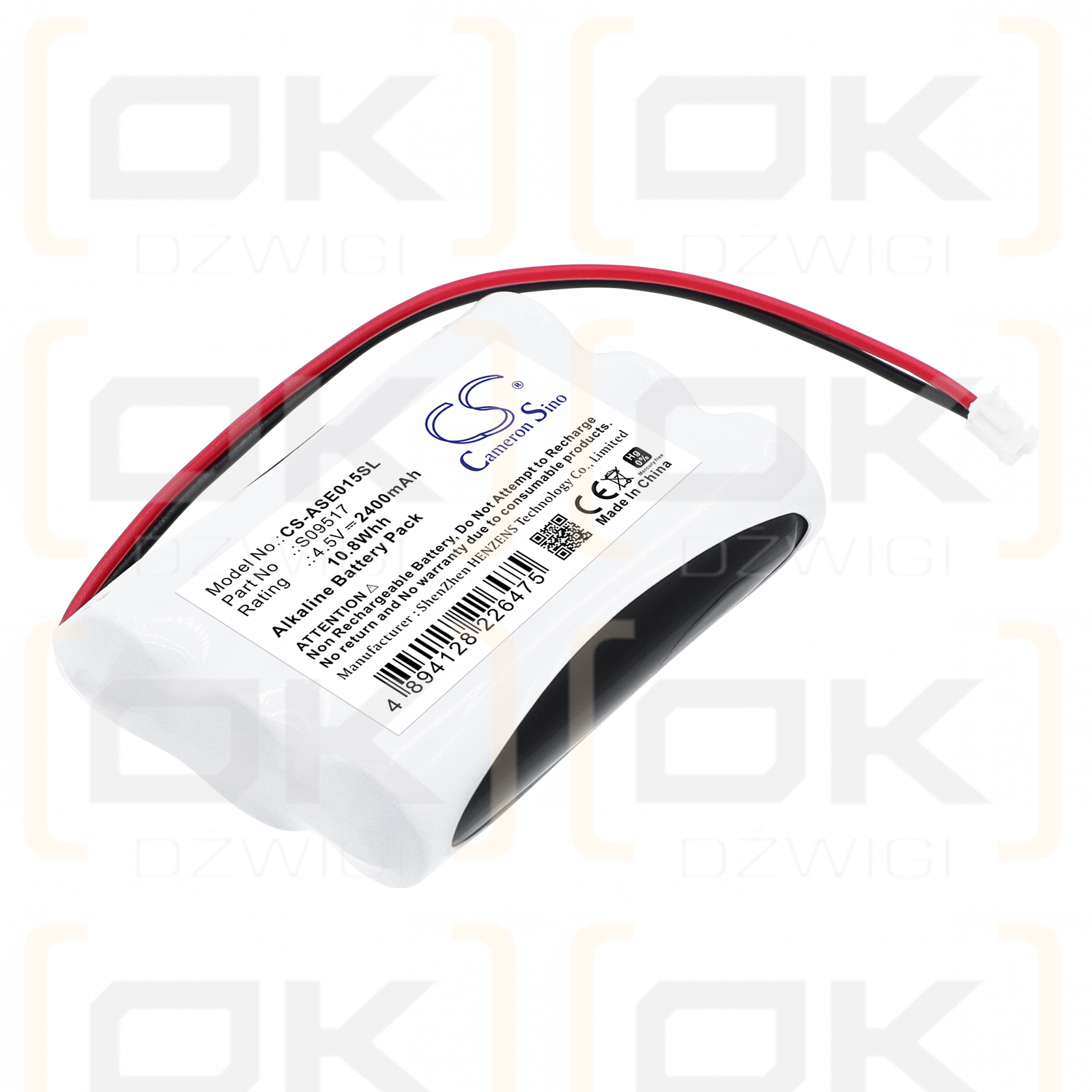 Replacement Battery for Assa Abloy EK015 / S09517 2400 mAh Alkaline 4.5 V (Cameron Sino)