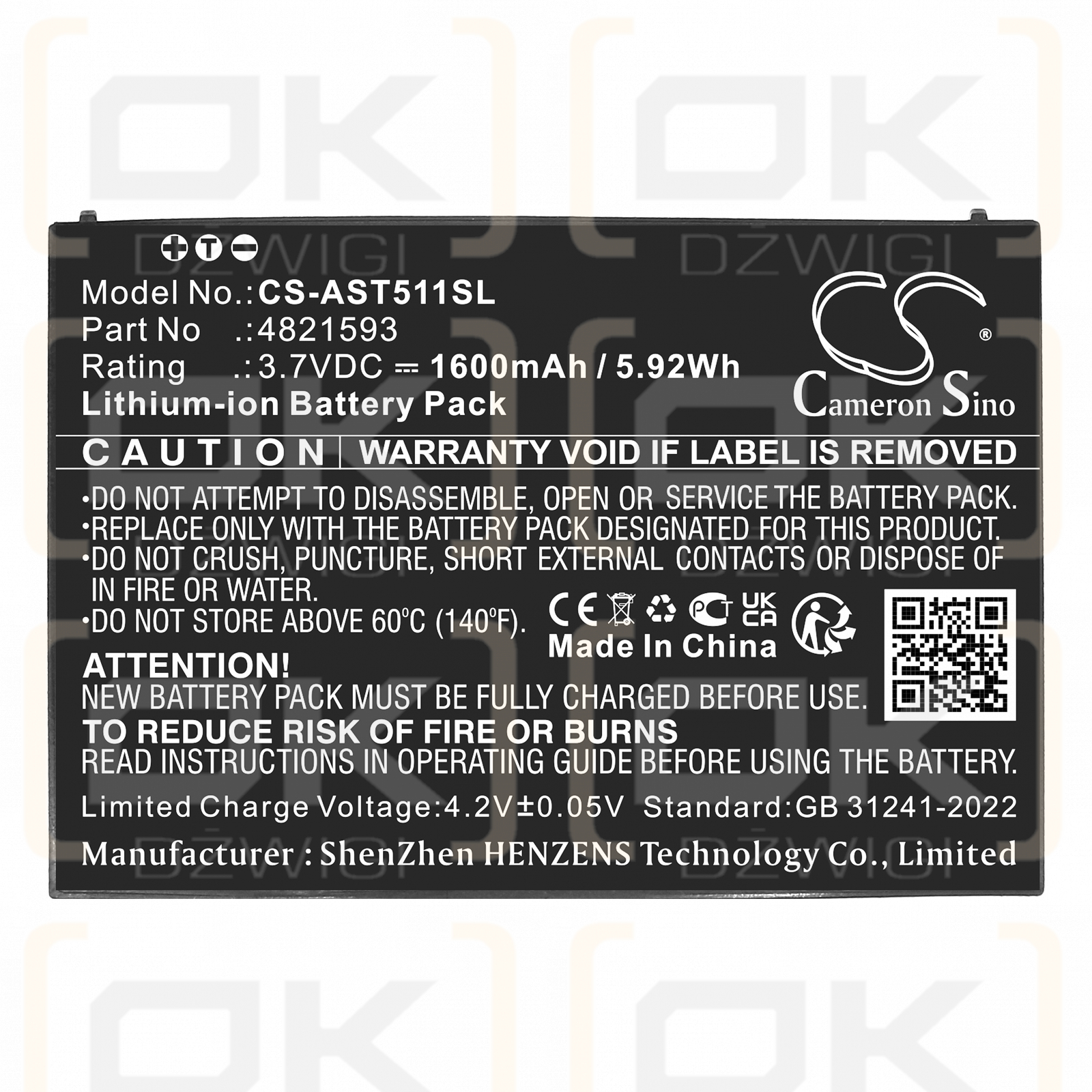 ASSA ABLOY VingCard Elsafe / 4821593 1600 mAh Li-Ion 3,7 V (Cameron Sino)