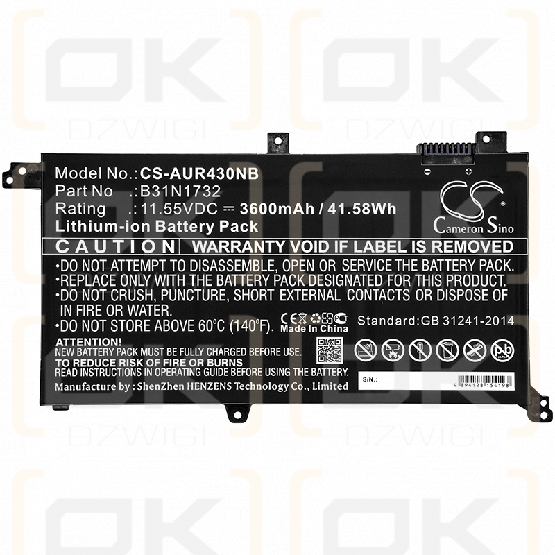 Asus VivoBook S14 S430FNEB041T / B31N1732 3600 mAh Li-Ion 11,55 V (Cameron Sino)