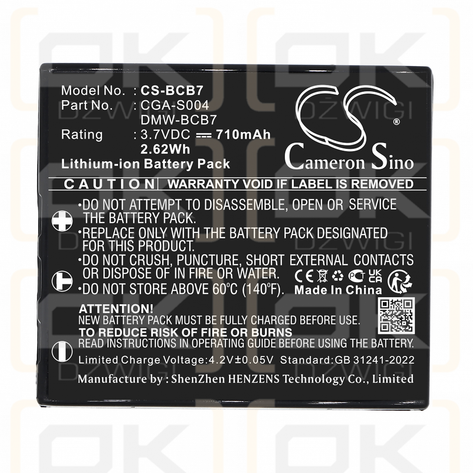 Panasonic DMC-FX7W / CGA-S004 710 mAh Li-ion 3,7 V (Cameron Sino)