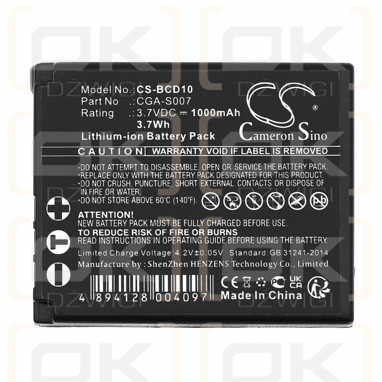 Panasonic Lumix DMC-TZ4 / CGA-S007 1000mAh Li-ion 3.7V (Cameron Sino)