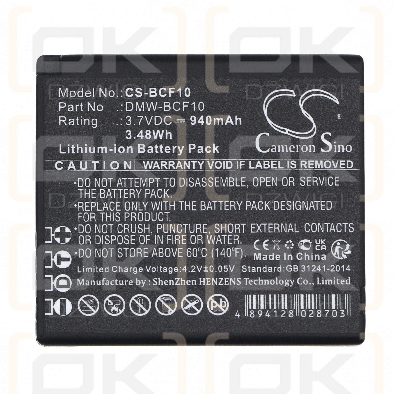 Panasonic Lumix DMC-TS4 / DMW-BCF10 940mAh Li-ion 3.7V (Cameron Sino)