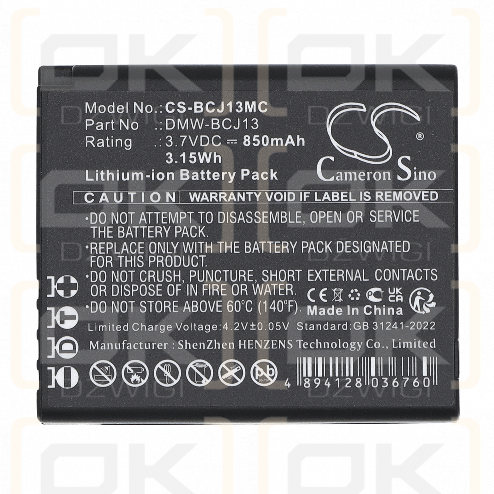 Batería de repuesto para Panasonic Lumix DMC-LX7 10.1 / DMW-BCJ13, 850 mAh, iones de litio, 3,7 V (Cameron Sino)