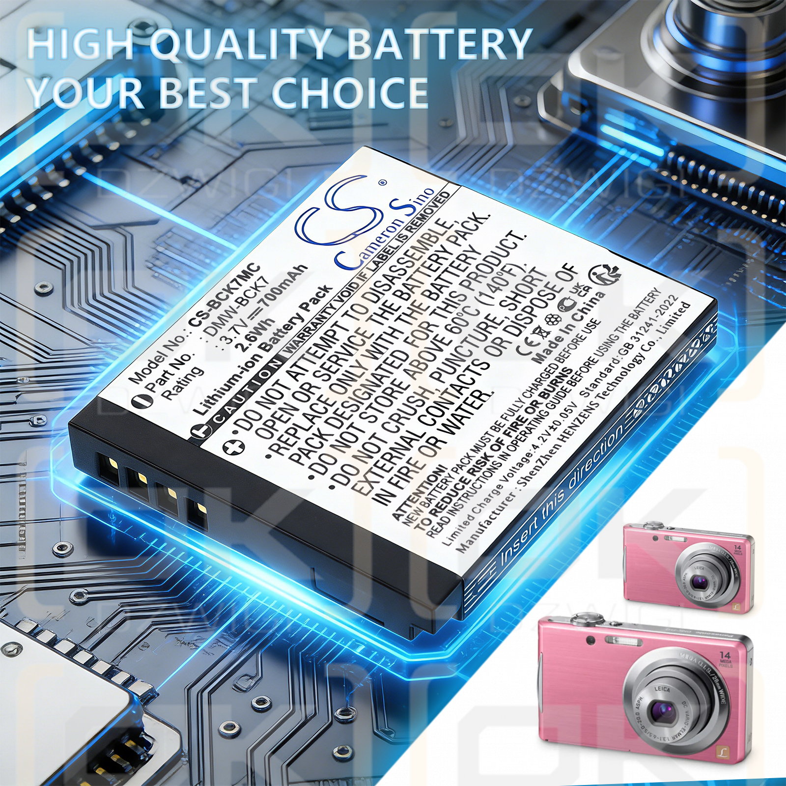 Batería de repuesto para Panasonic Lumix DMC-TS30K / VW-BCK7, 700 mAh, iones de litio, 3,7 V (Cameron Sino)