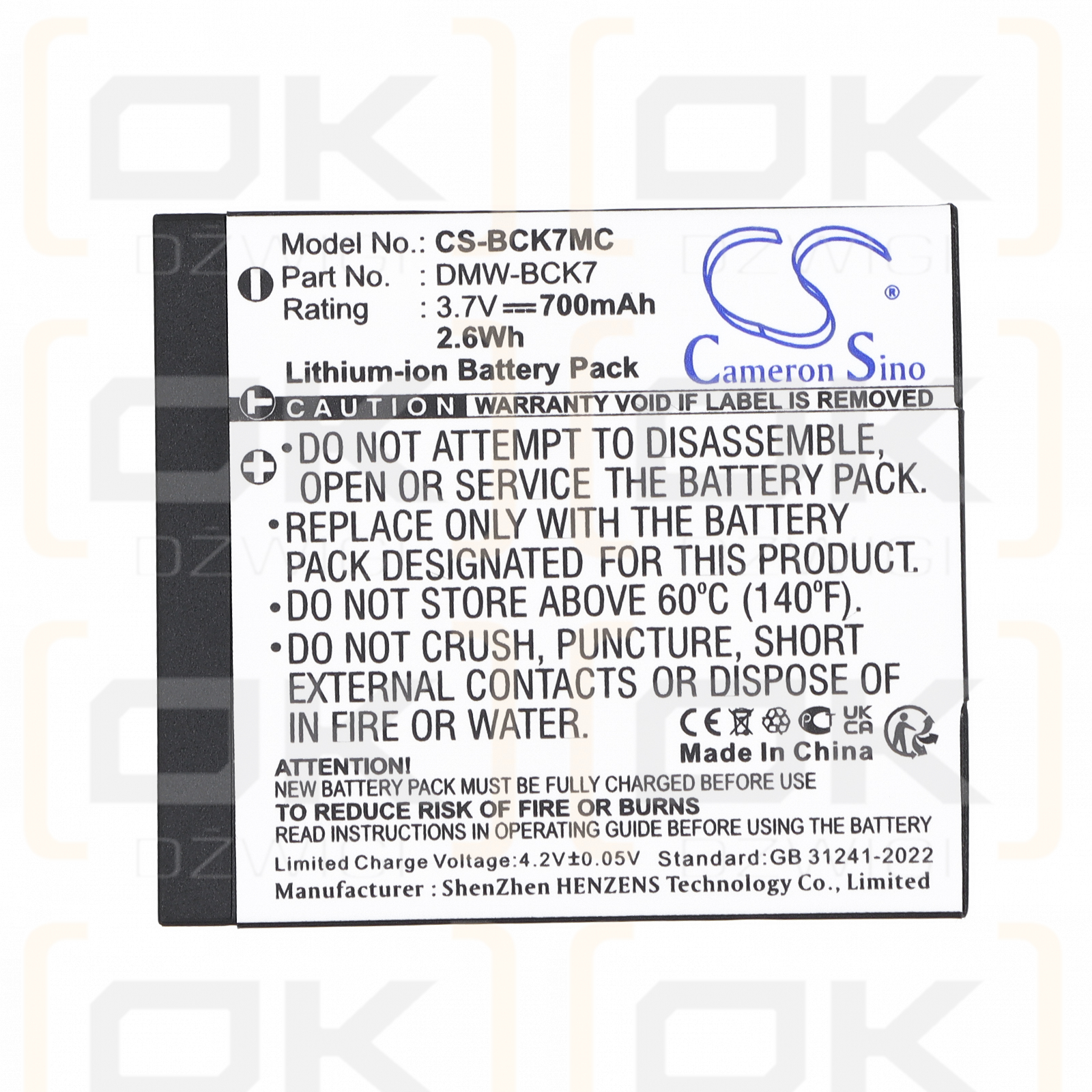 Batería de repuesto para Panasonic Lumix DMC-TS30K / VW-BCK7, 700 mAh, iones de litio, 3,7 V (Cameron Sino)