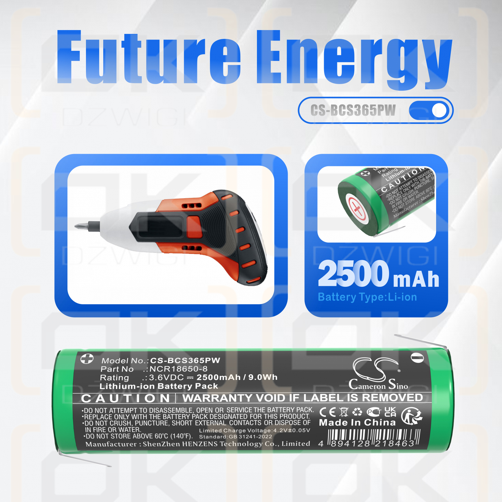 Black & Decker LI4000 Type 5 / NCR18650-8 2500mAh Li-ion 3.6V (Cameron Sino)
