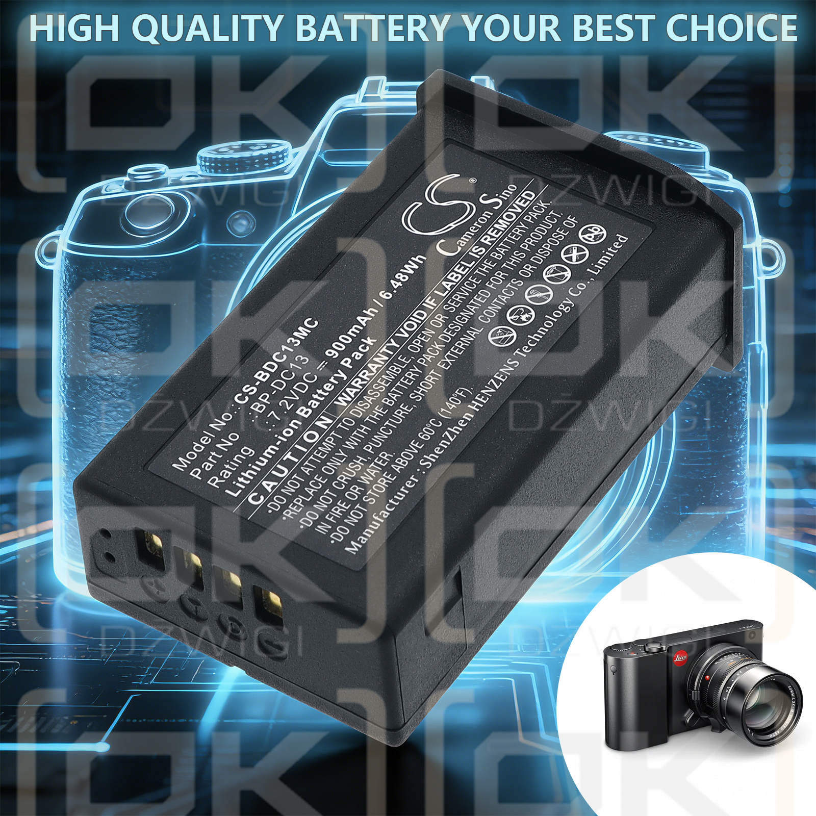 Ersatzakku für Leica TL2 / BP-DC13 900 mAh Li-Ion 7,2 V (Cameron Sino)