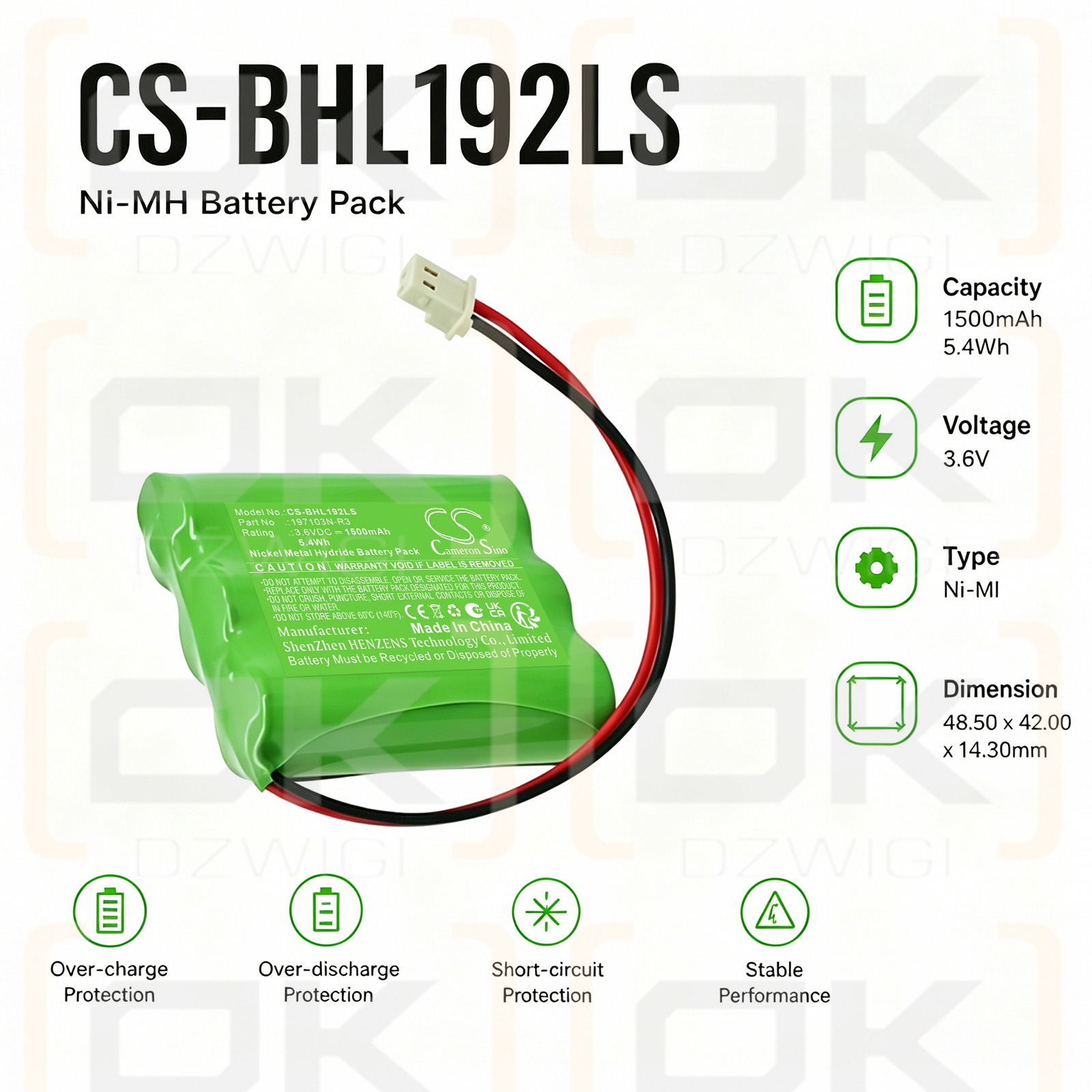 Batería de repuesto para Beghelli NB19239 / 197103N-R3 1500 mAh Ni-MH 3.6 V (Cameron Sino)