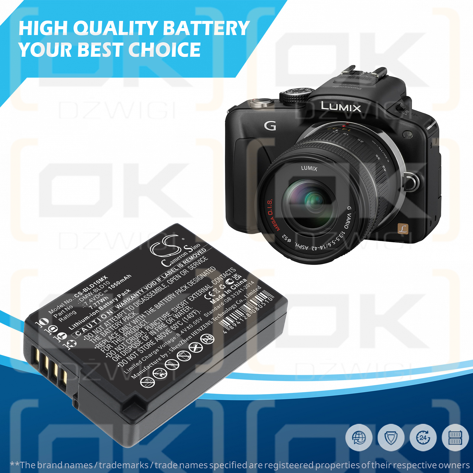 Batería de repuesto para Panasonic Lumix DMC-GX1 / DMW-BLD10, 1050 mAh, iones de litio, 7,4 V (Cameron Sino)