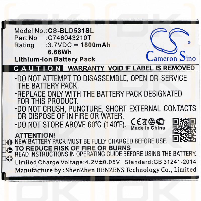 BLU D531K / C746043210T 1800mAh Li-ion 3.7V (Cameron Sino)