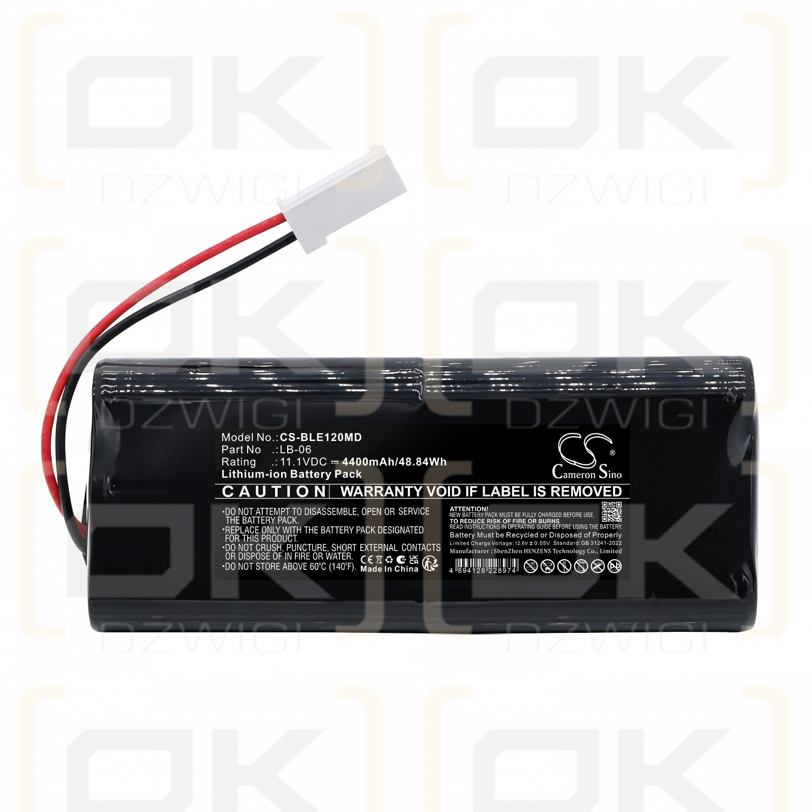 Replacement Battery for Biolight E65 12 Channel ECG Machine / 12-100-0020 4400 mAh Li-ion 11.1 V (Cameron Sino)