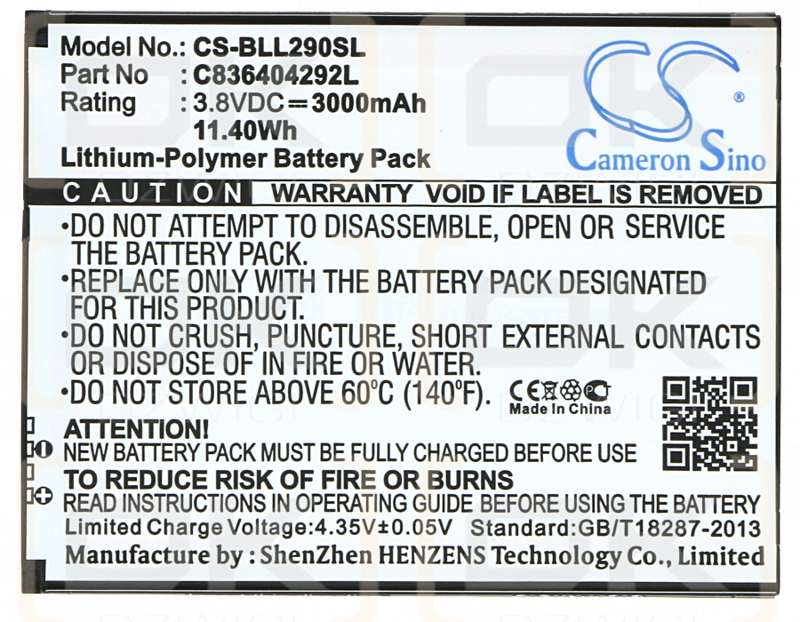 BLU L290U / C836404292L 3000mAh Li-Polymer 3.8V (Cameron Sino)