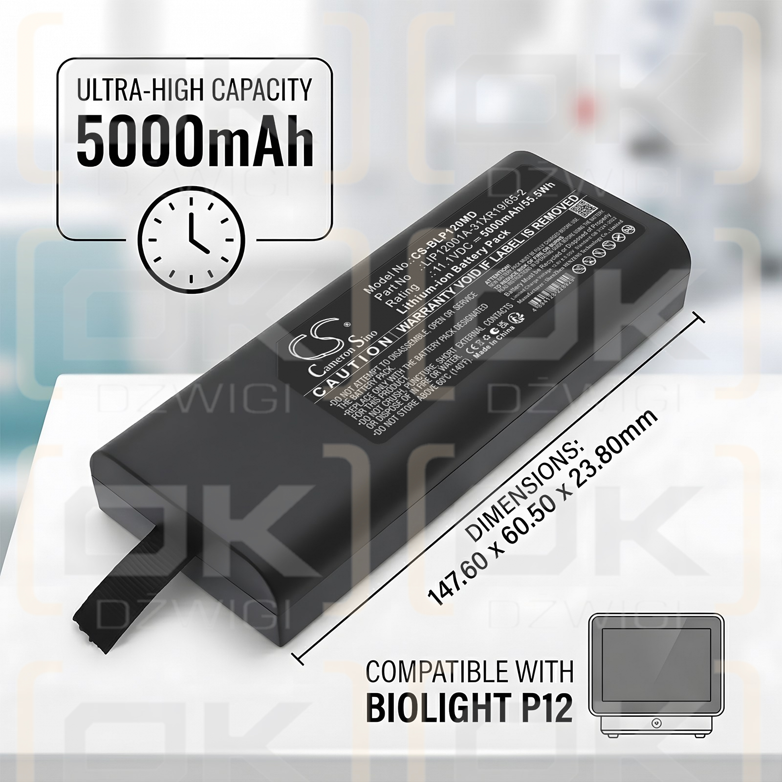 Replacement Battery for Biolight P15 Patient Monitor / LIP12001A-31XR19/65-2 5000 mAh Li-ion 11.1 V (Cameron Sino)