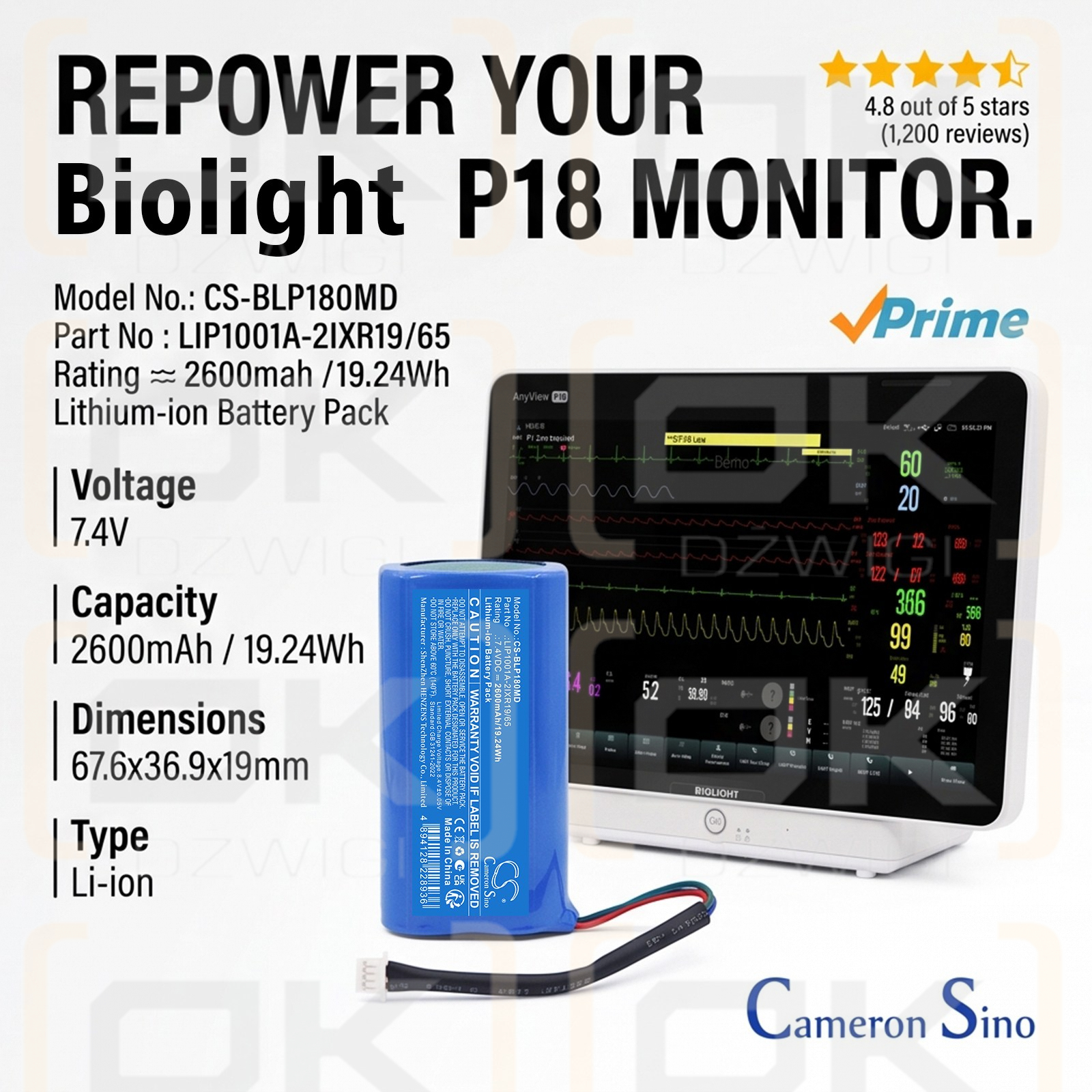 Replacement Battery for Biolight P18 Patient Monitor / LIP1001A-2IXR19/65 2600 mAh Li-ion 7.4 V (Cameron Sino)