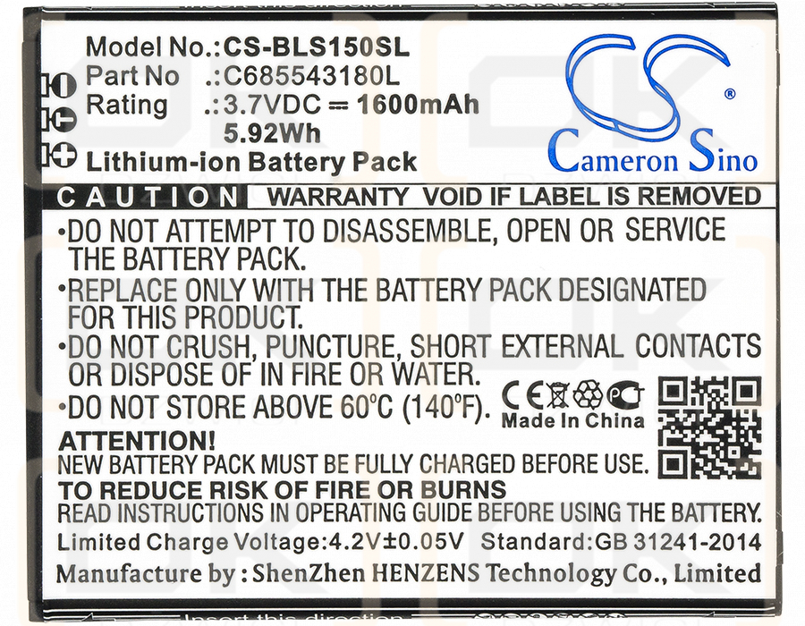 BLU S0151UU / C685543180L 1600mAh Li-ion 3.7V (Cameron Sino)