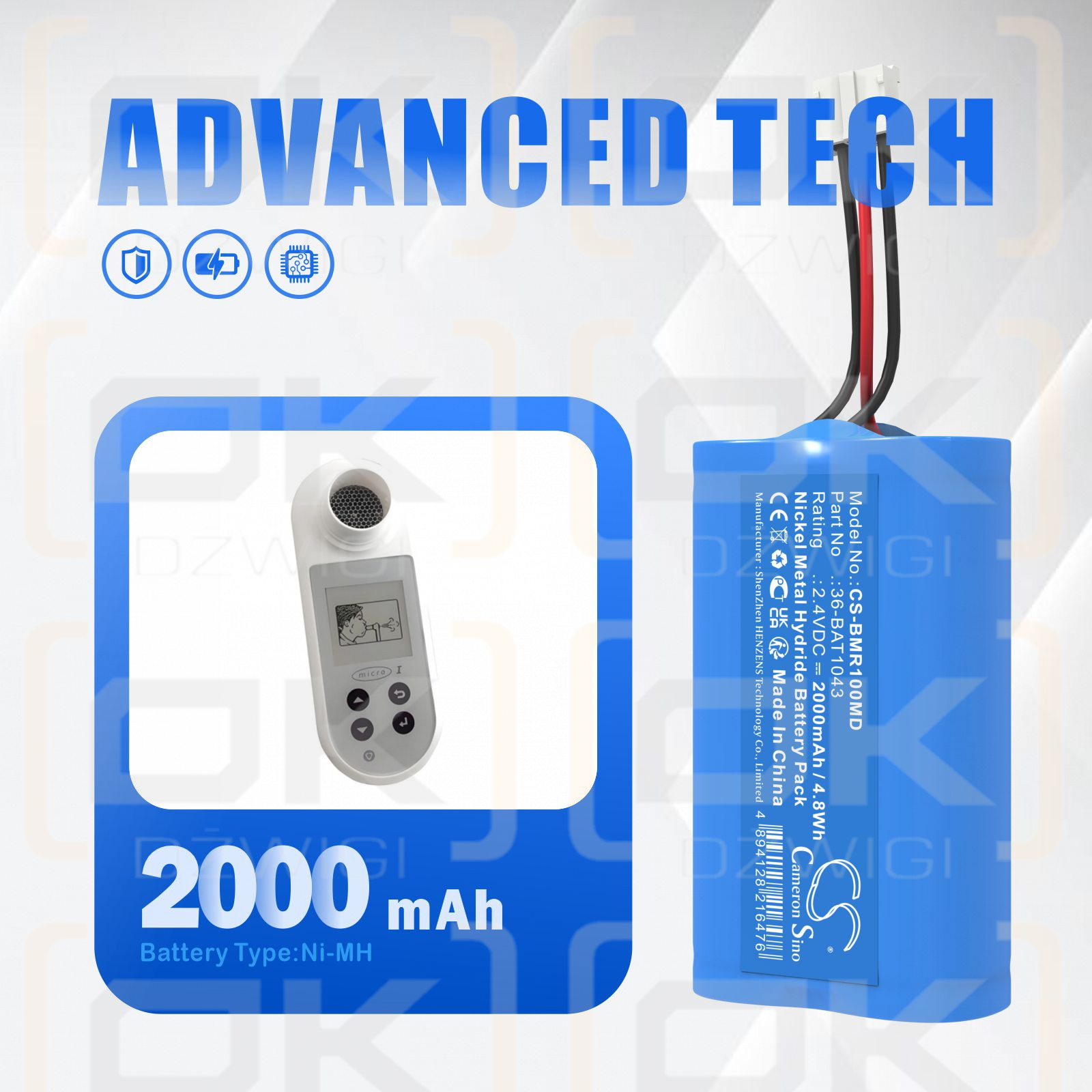 Carefusion Micro1 Spirometer / 36-BAT1043 2000mAh Ni-MH 2.4V (Cameron Sino)
