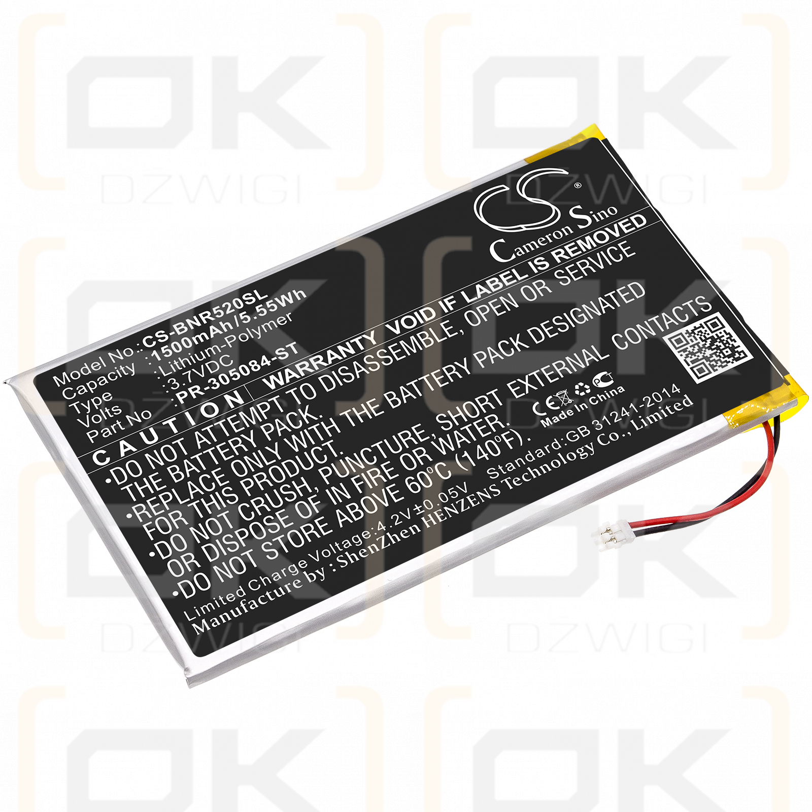 Barnes & Noble BNRV520 / PR-305084-ST 1500mAh Li-Polymer 3.7V (Cameron Sino)