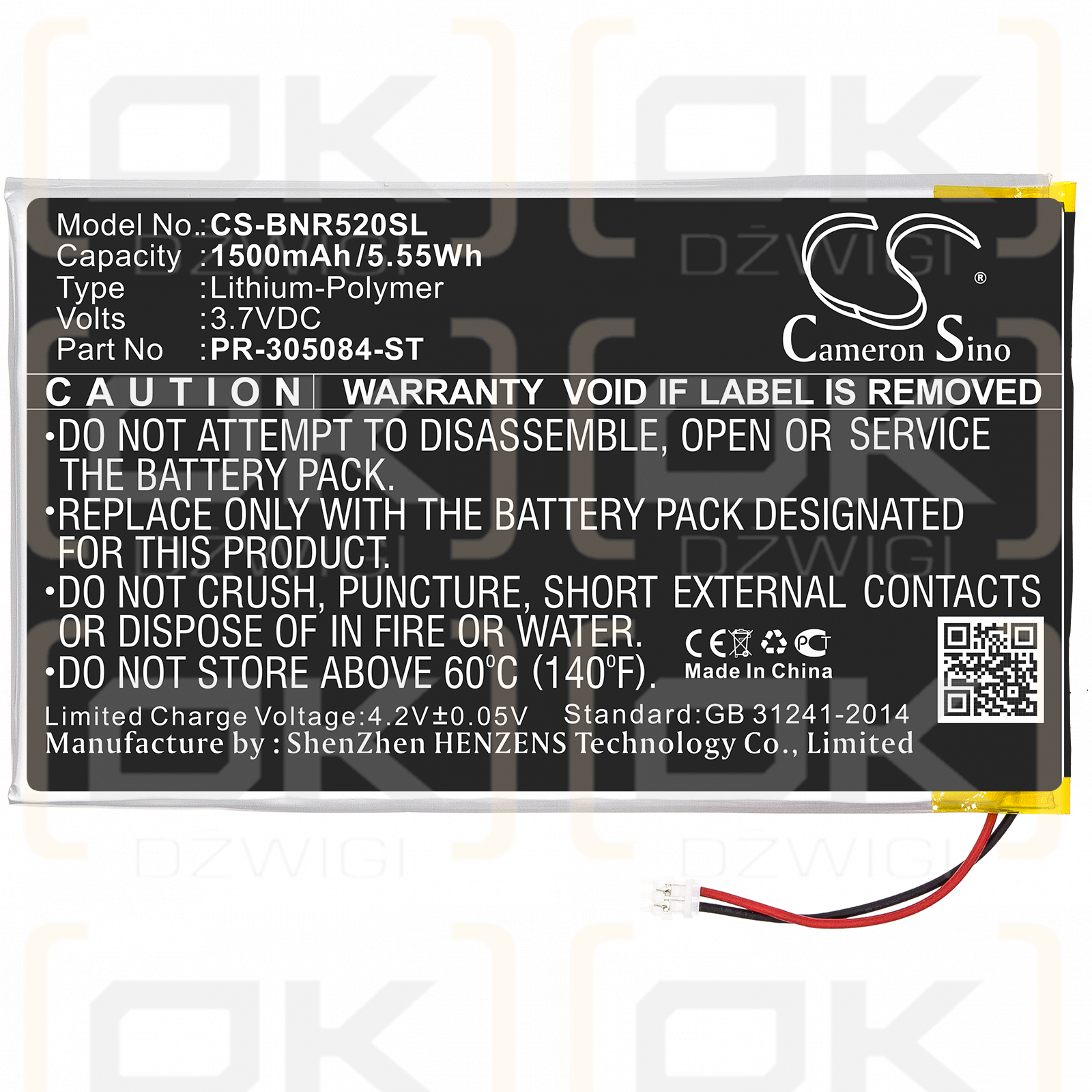 Barnes & Noble BNRV520 / PR-305084-ST 1500mAh Li-Polymer 3.7V (Cameron Sino)