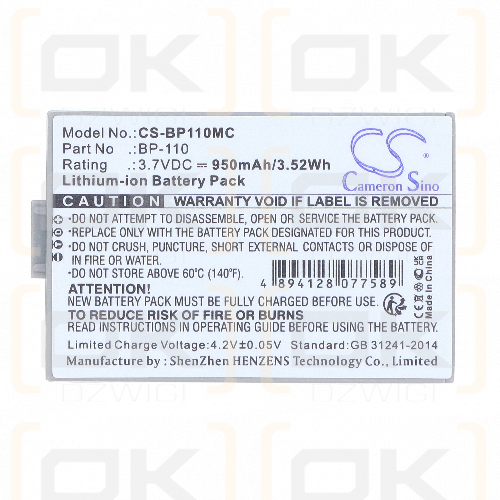 Batería de repuesto para Canon Legria HF R27 / BP-110 950 mAh Li-ion 3.7 V (Cameron Sino)