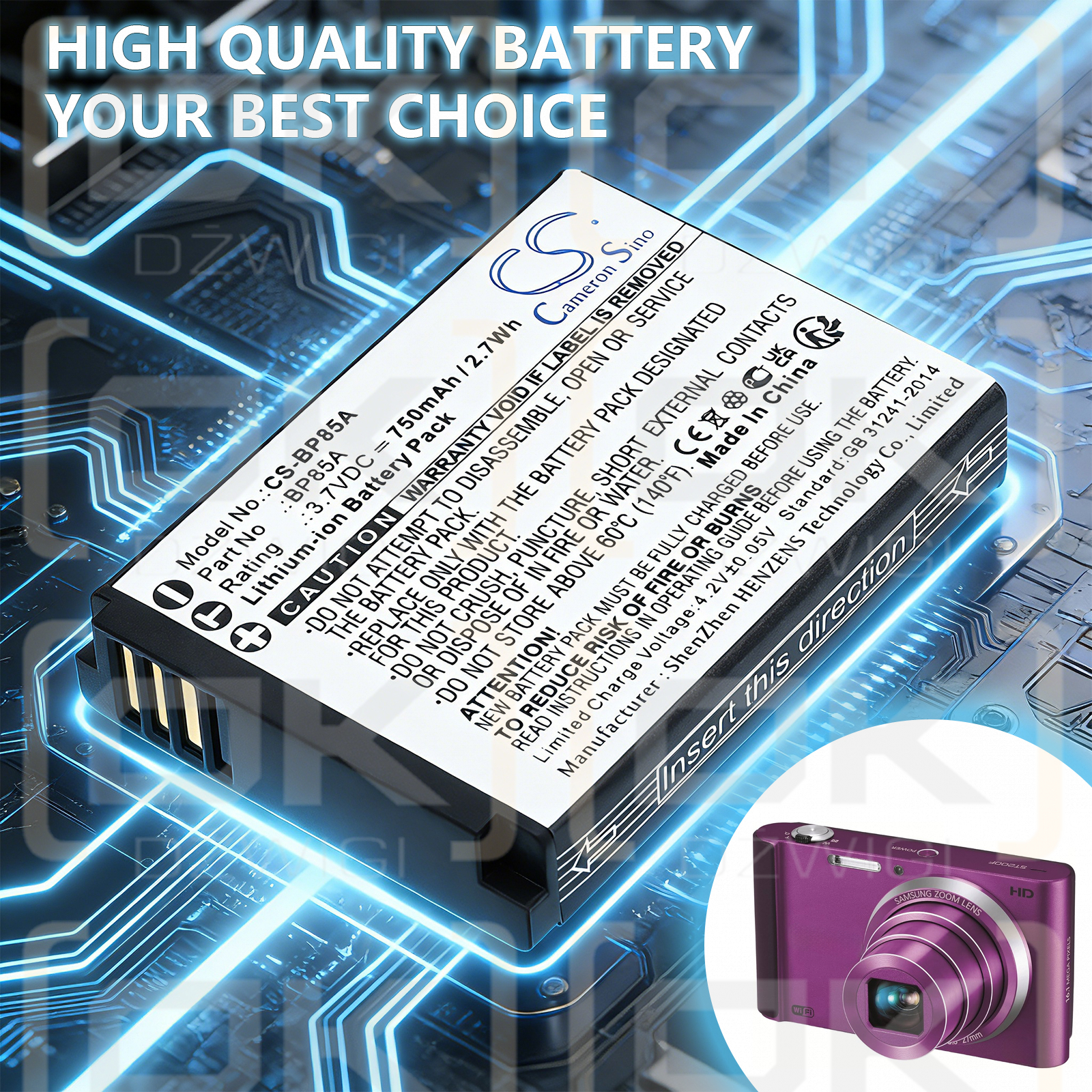 Ersatzakku für Samsung ST200F / BP85A 750mAh Li-Ion 3,7V (Cameron Sino)