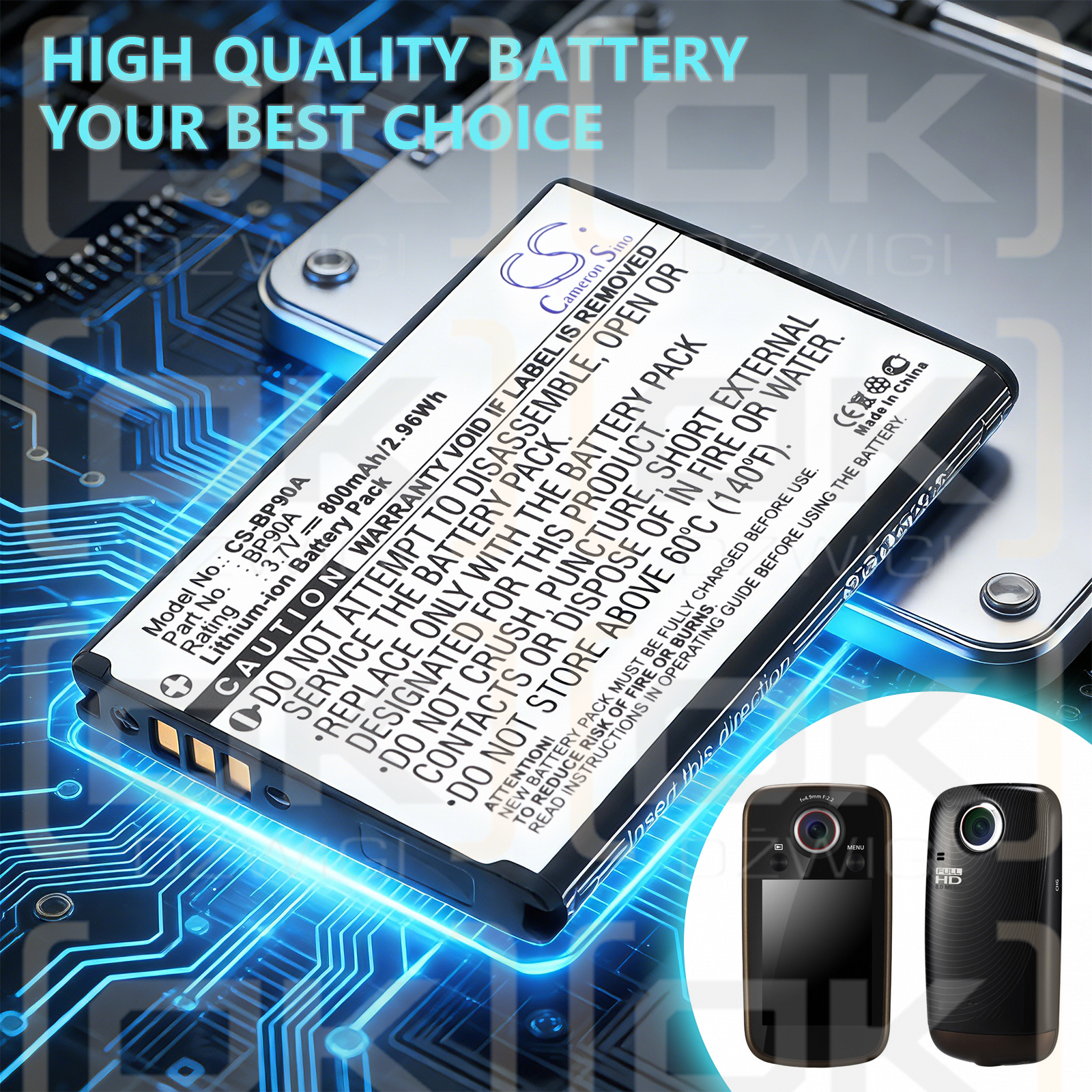 Batería de repuesto para Samsung HMX-E110 / BP-90A 800 mAh Li-ion 3.7 V (Cameron Sino)