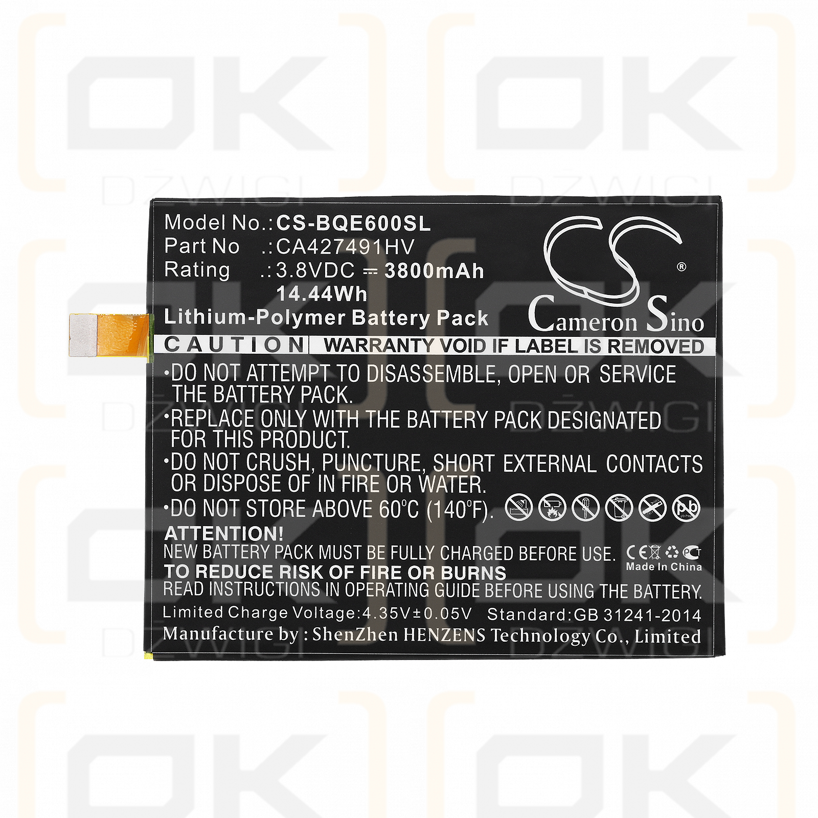 BQ Aquaris E6 / CA427491HV 3800 mAh Li-Polymer 3,8 V (Cameron Sino)