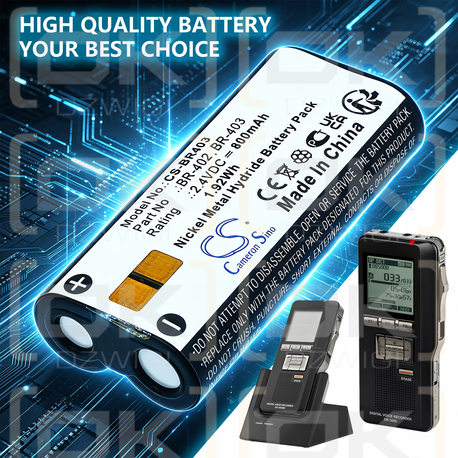 Ersatzakku für Olympus DS-4000 / BR-402 800 mAh Ni-MH 2,4 V (Cameron Sino)