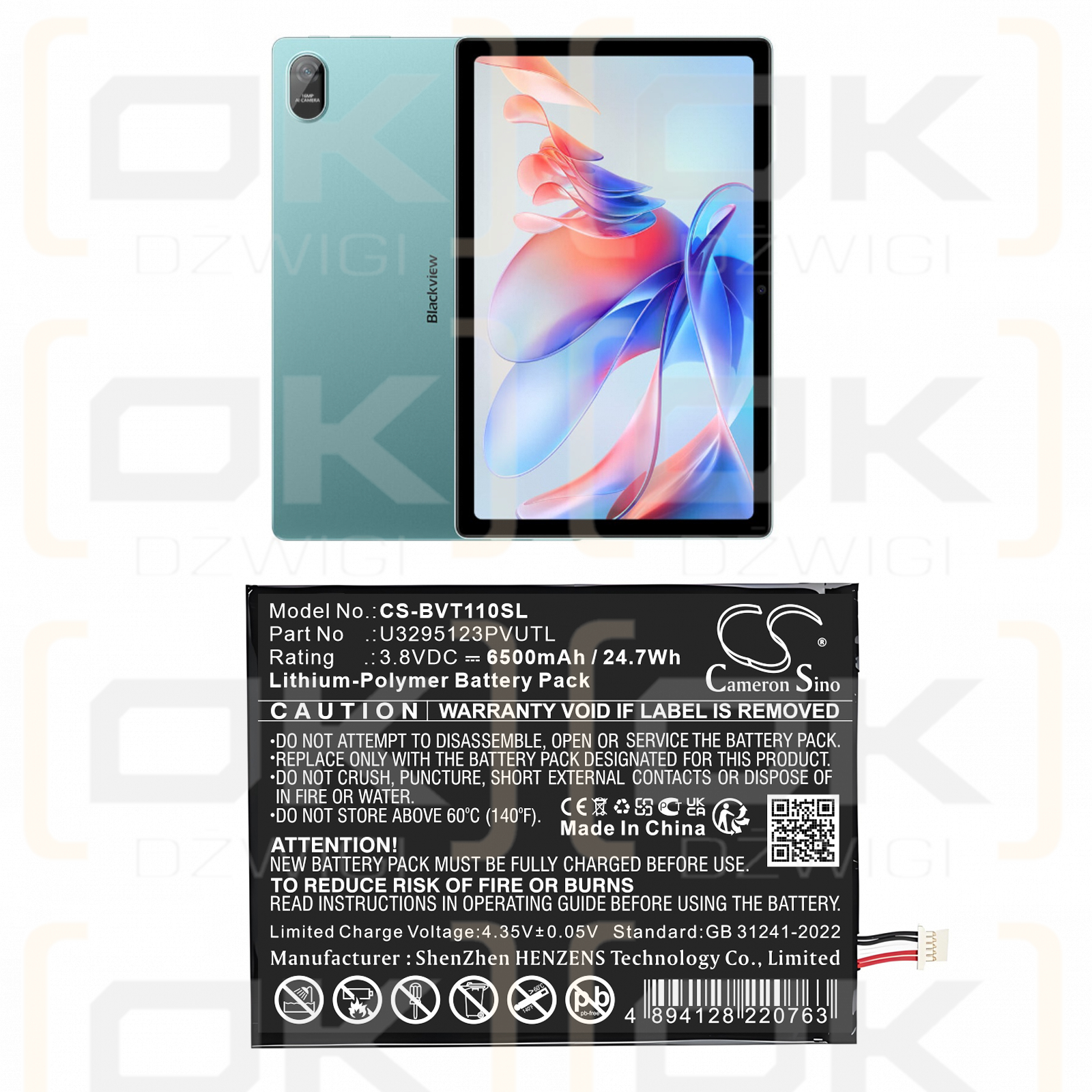 Blackview Tab 11 / U3295123PVUTL 6500 mAh, polímero de litio, 3,8 V (Cameron Sino)