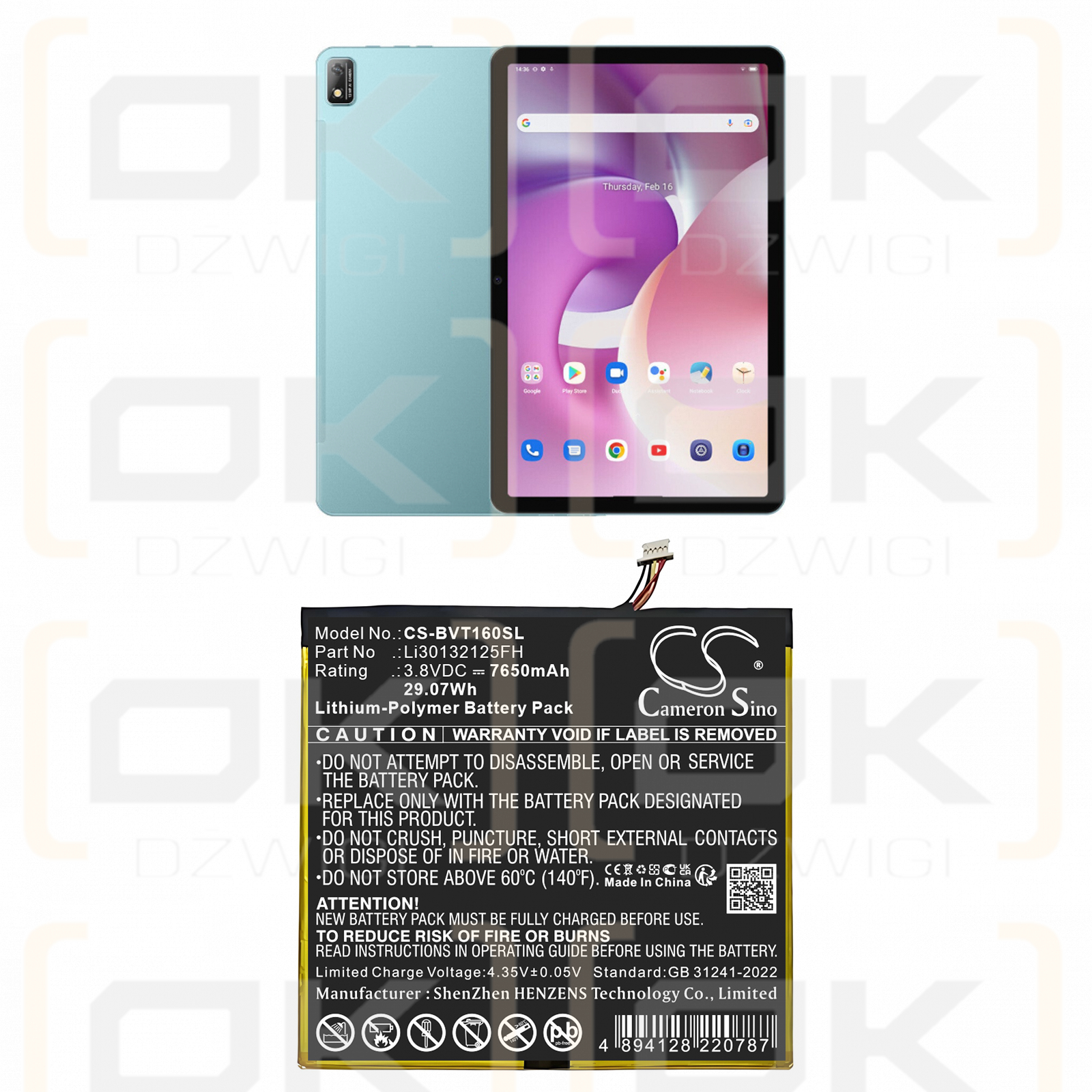 Blackview Tab 16 / Li30132125FH 7650 mAh, polímero de litio, 3,8 V (Cameron Sino)