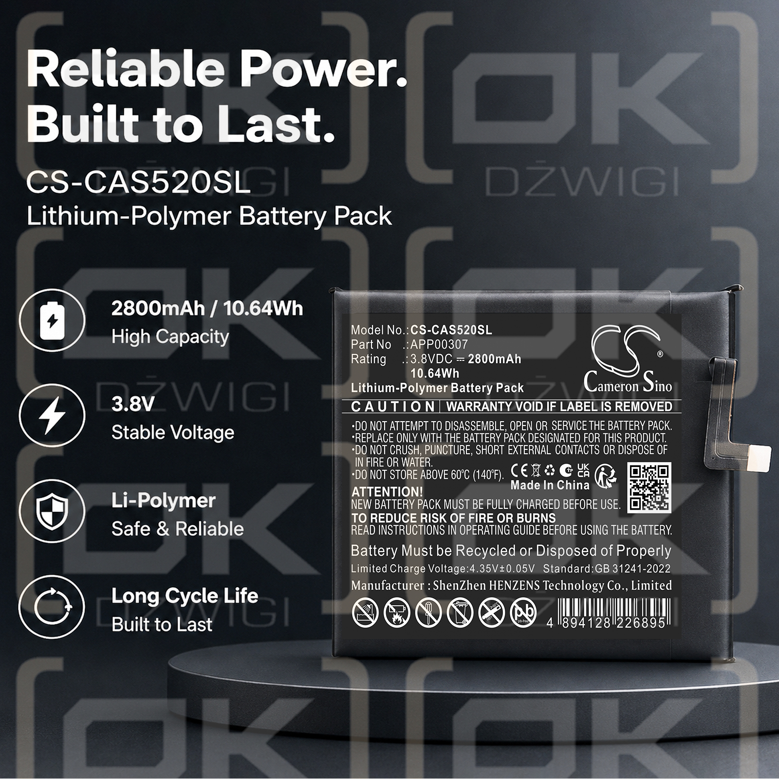 Ersatzakku für CAT S52 / APP00307 2800 mAh Li-Polymer 3,8 V (Cameron Sino)