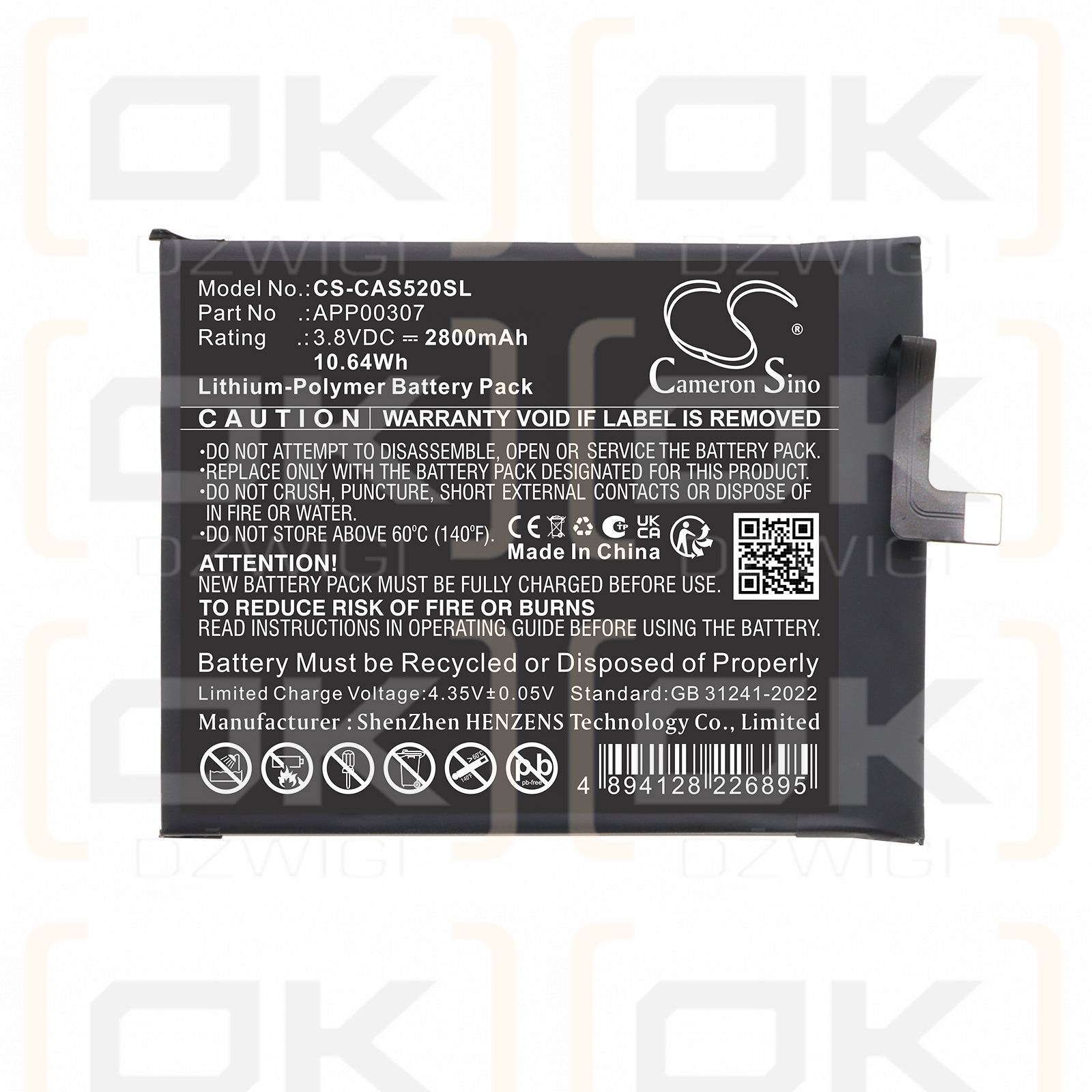 Ersatzakku für CAT S52 / APP00307 2800 mAh Li-Polymer 3,8 V (Cameron Sino)