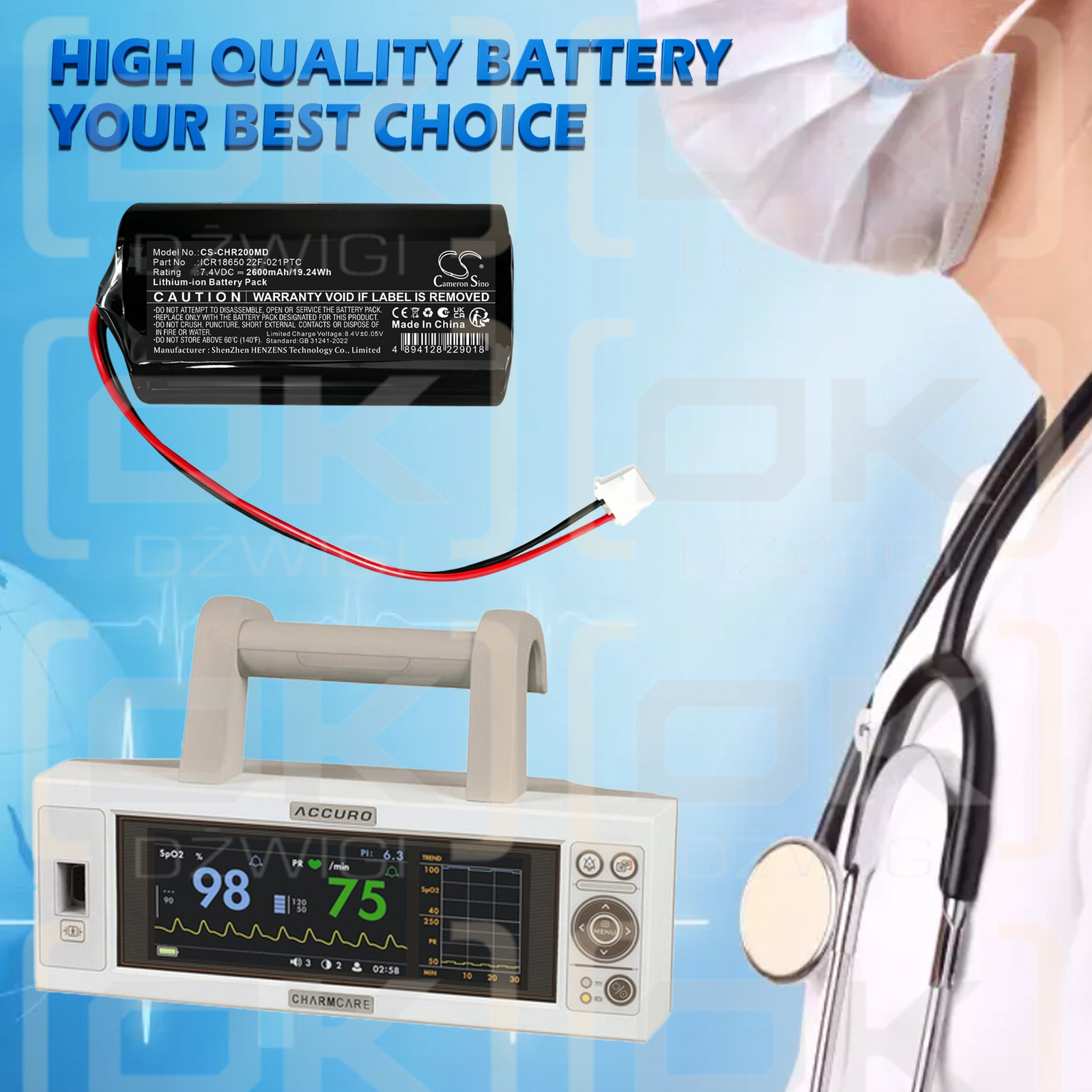 Ersatzakku für CHARMCARE ACCURO Vielseitiges Pulsoximeter für die Krankenstation / ICR18650 22F-021PTC 2600 mAh Li-Ion 7,4 V (Cameron Sino)