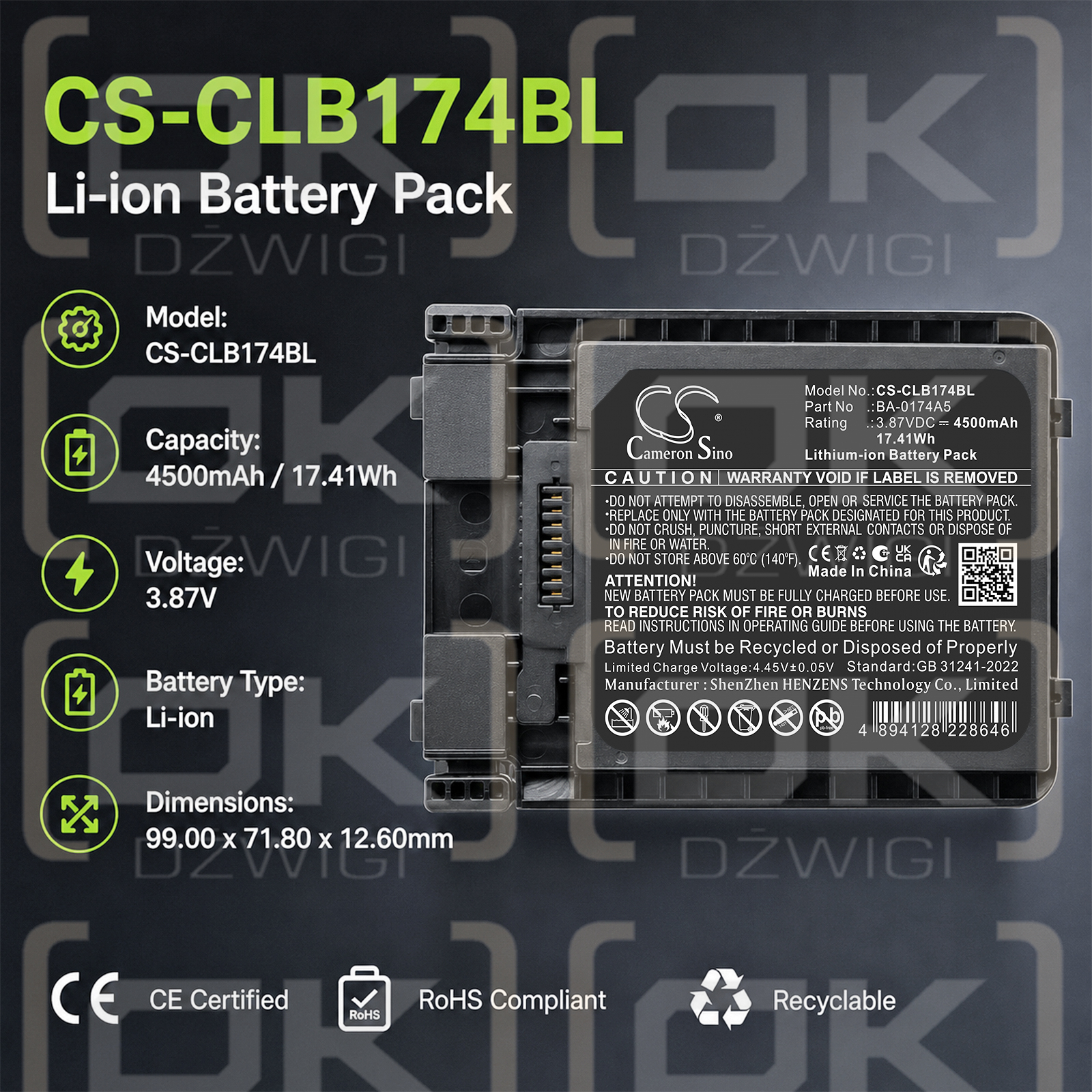 Bateria zamienna do CipherLAB  RS38WO / BA-0174A5 4500 mAh Li-ion 3.87 V (Cameron Sino)