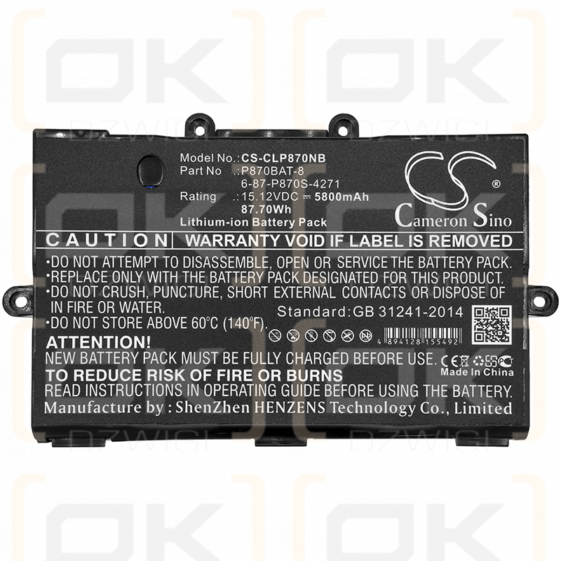 Clevo P8700S / P870BAT-8 5800 mAh Li-Ion 15,12 V (Cameron Sino)