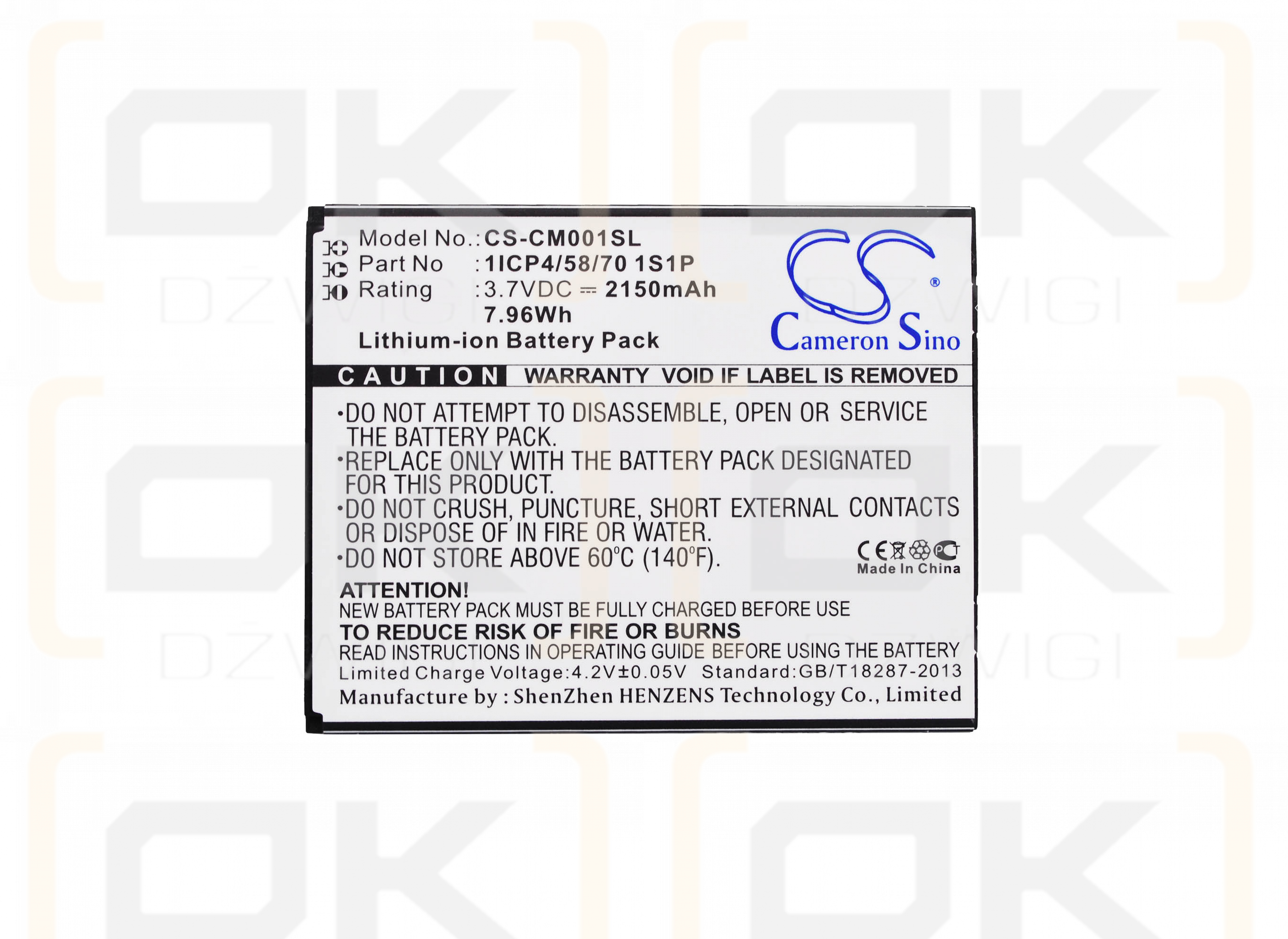 Kundenspezifischer Akku / 1ICP4/58/70 1S1P 2150 mAh Li-Ion 3,7 V (Cameron Sino)