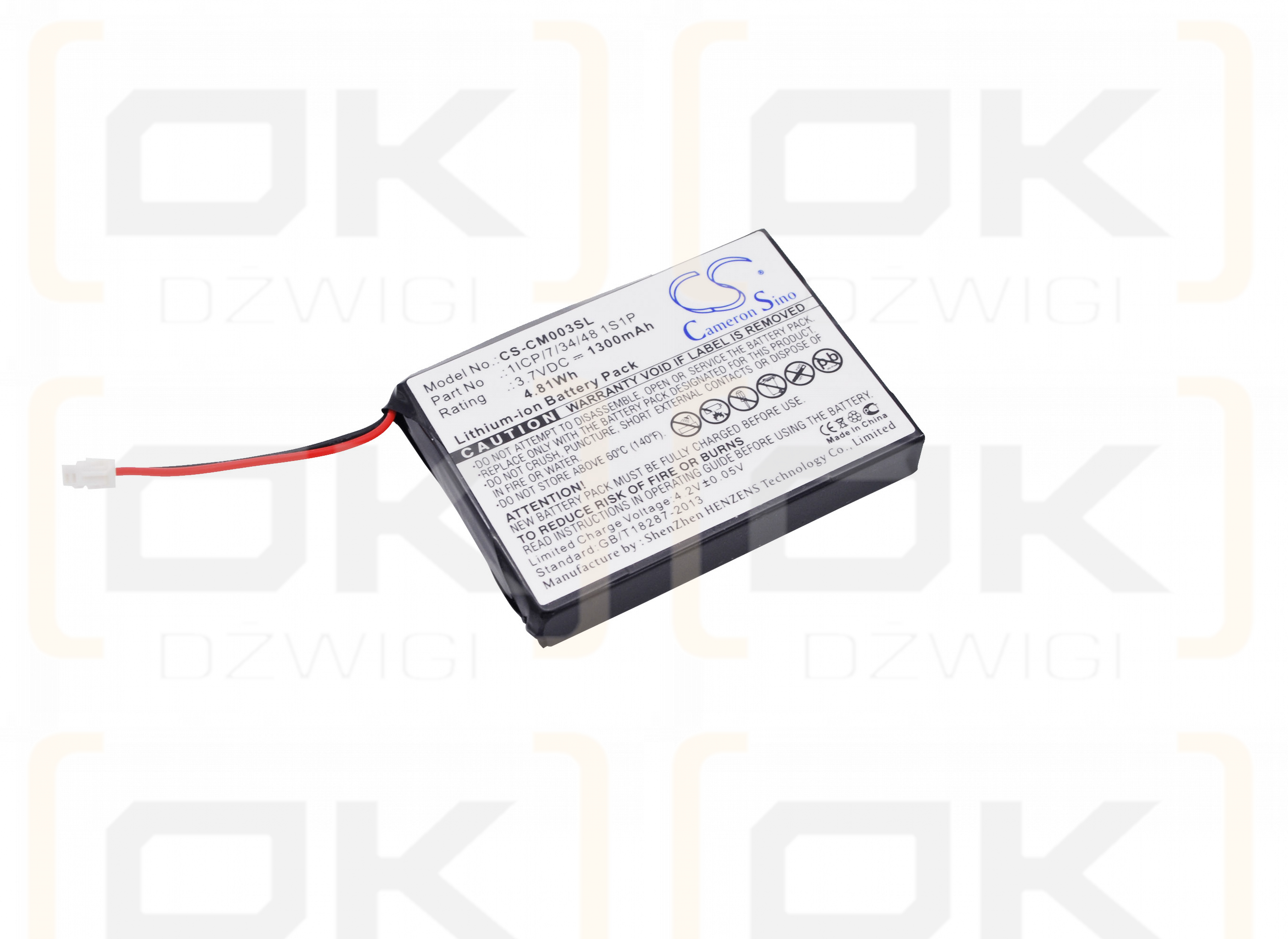 Kundenspezifischer Akku / 1ICP/7/34/48 1S1P 1300 mAh Li-Ion 3,7 V (Cameron Sino)