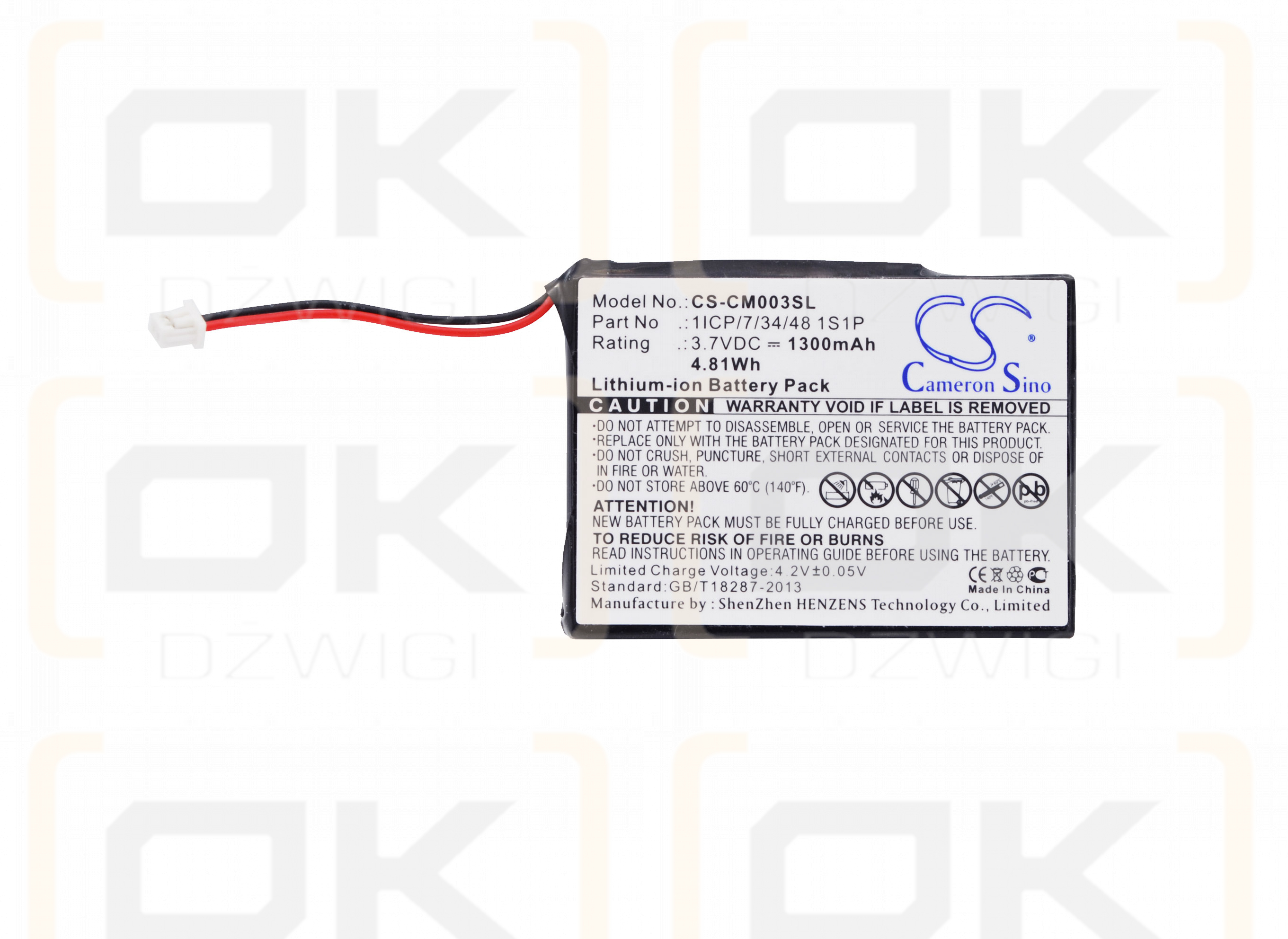 Kundenspezifischer Akku / 1ICP/7/34/48 1S1P 1300 mAh Li-Ion 3,7 V (Cameron Sino)