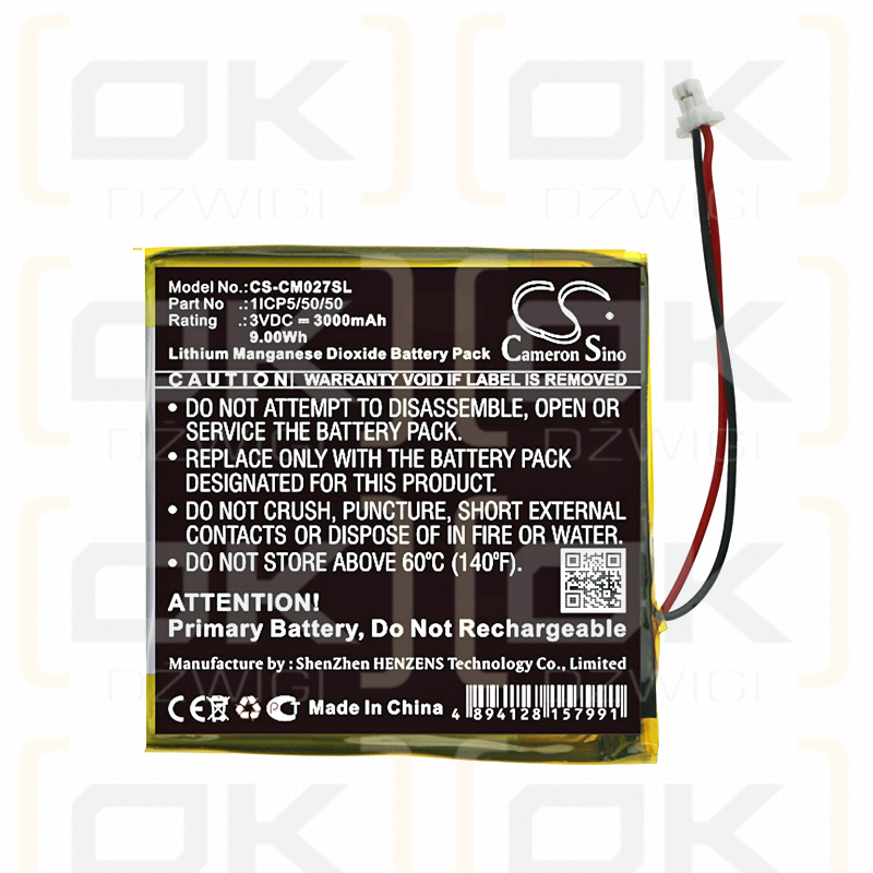 Kundenspezifischer Akku / 1ICP5/50/50 3000 mAh Li-MnO2 3 V (Cameron Sino)