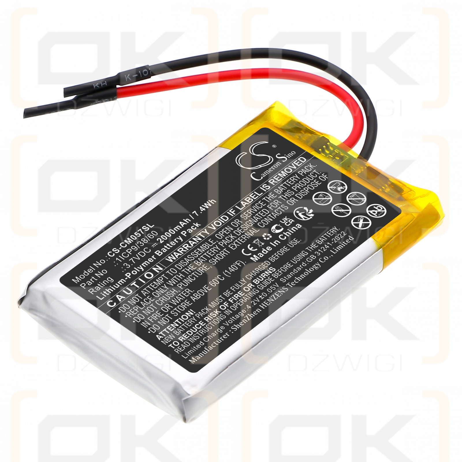 Custom Battery Pack / 1ICP9/38/60 2000mAh Li-Polymer 3.7V (Cameron Sino)