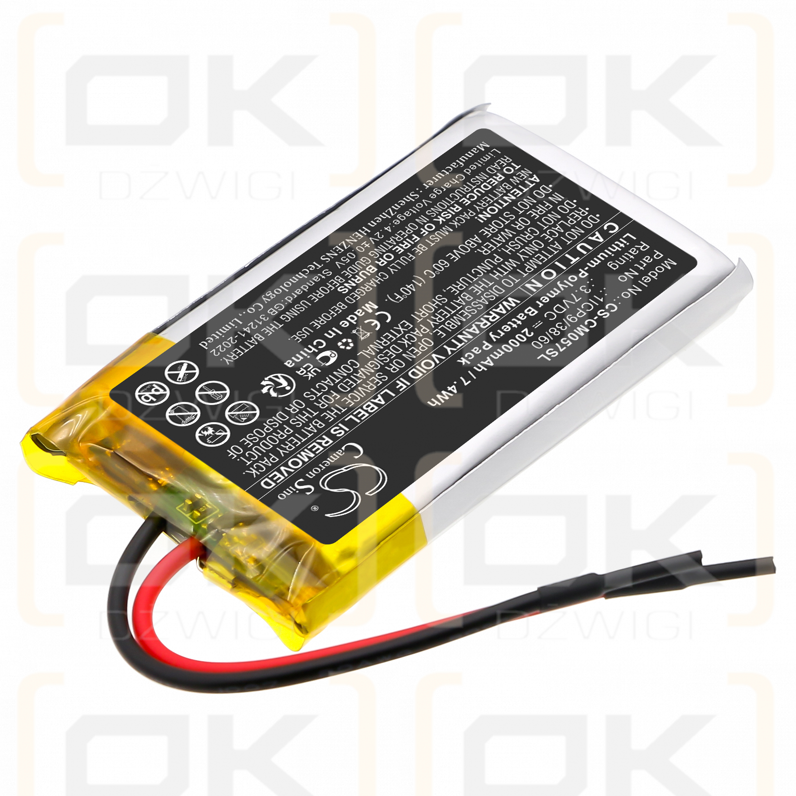 Custom Battery Pack / 1ICP9/38/60 2000mAh Li-Polymer 3.7V (Cameron Sino)