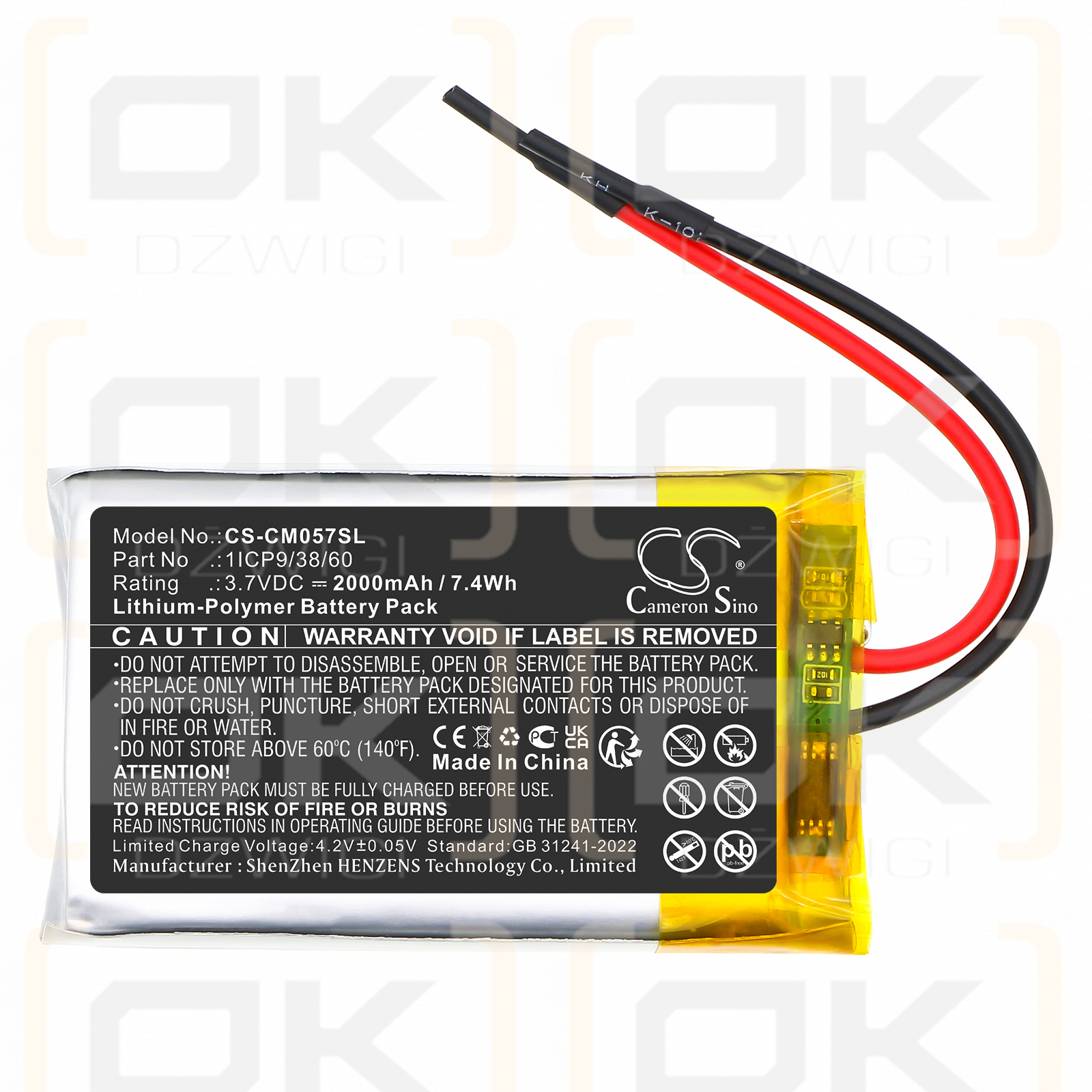 Custom Battery Pack / 1ICP9/38/60 2000mAh Li-Polymer 3.7V (Cameron Sino)