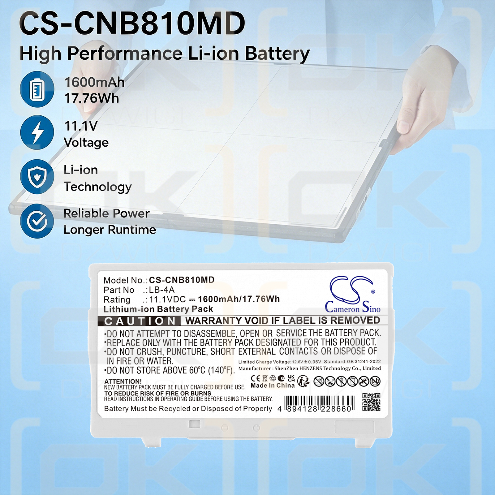 Ersatzakku für Canon CXDI-710C Wireless / LB-4A 1600mAh Li-Ion 11,1V (Cameron Sino)