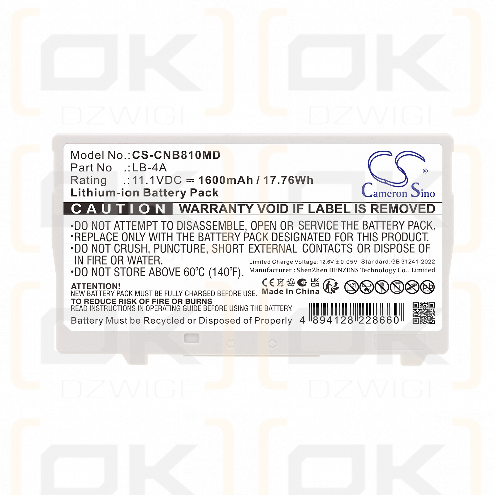 Ersatzakku für Canon CXDI-710C Wireless / LB-4A 1600mAh Li-Ion 11,1V (Cameron Sino)