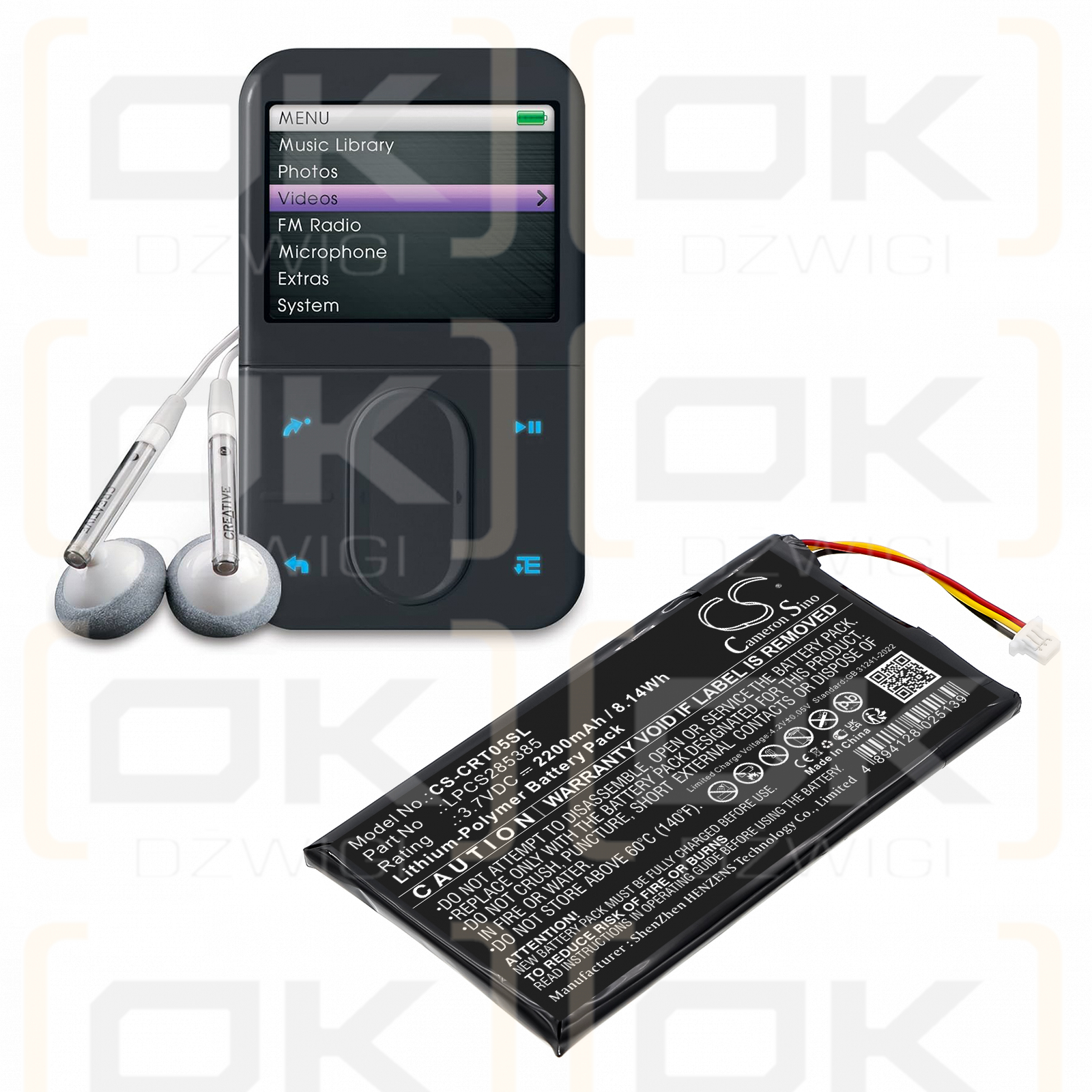 Batería Creative DVP-HD0003 / LPCS285385 de polímero de litio de 2200 mAh y 3,7 V (Cameron Sino)