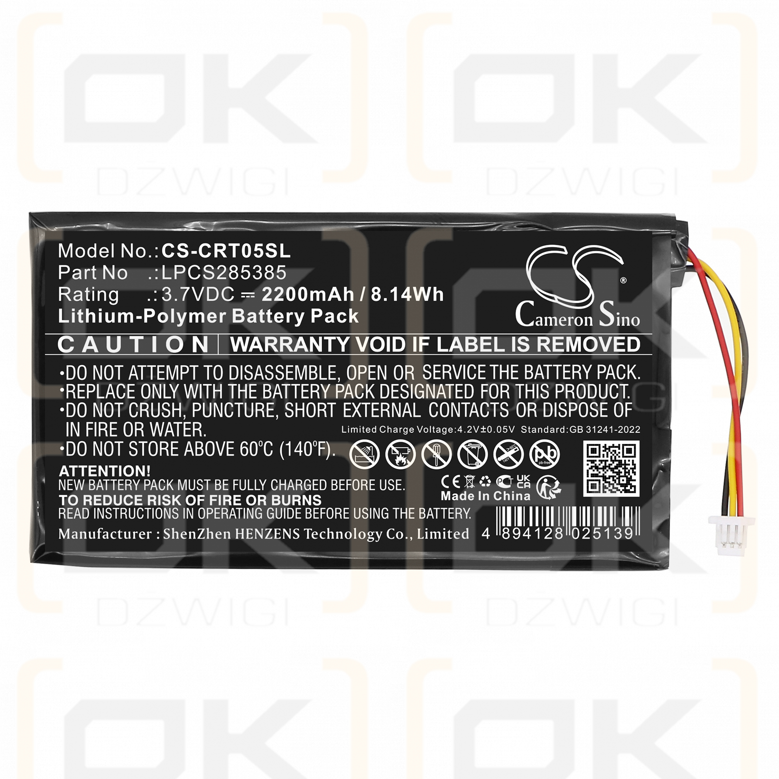 Batería Creative DVP-HD0003 / LPCS285385 de polímero de litio de 2200 mAh y 3,7 V (Cameron Sino)