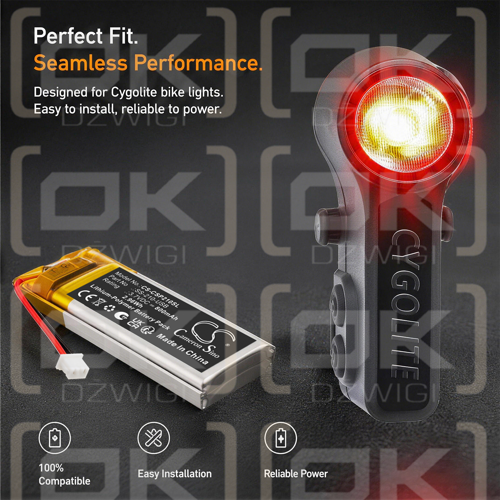 Bateria zamienna do Cygolite Slingshot Pro 210 USB Taillight / SS-210-USB 800 mAh Li-ion 3.7 V (Cameron Sino)