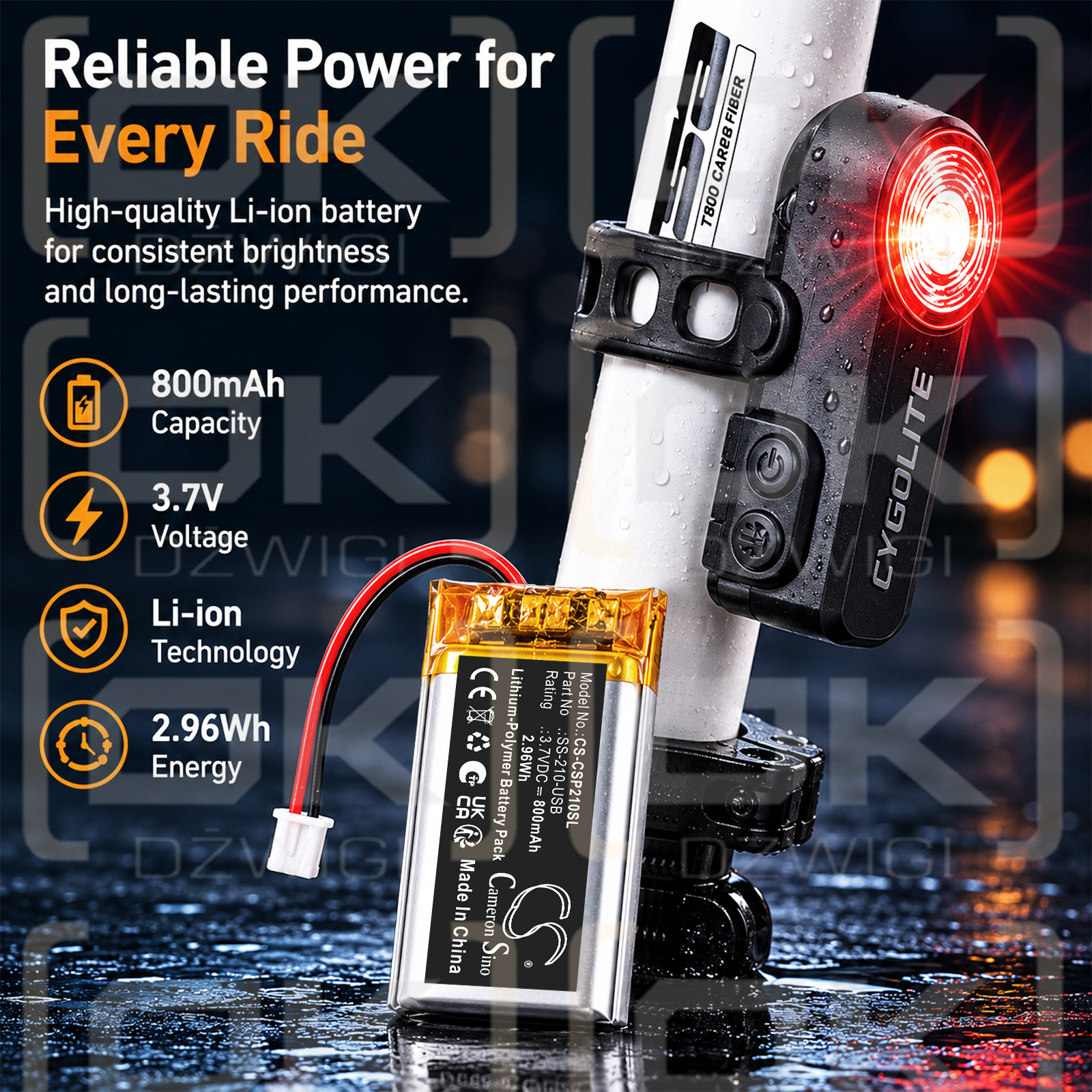 Bateria zamienna do Cygolite Slingshot Pro 210 USB Taillight / SS-210-USB 800 mAh Li-ion 3.7 V (Cameron Sino)