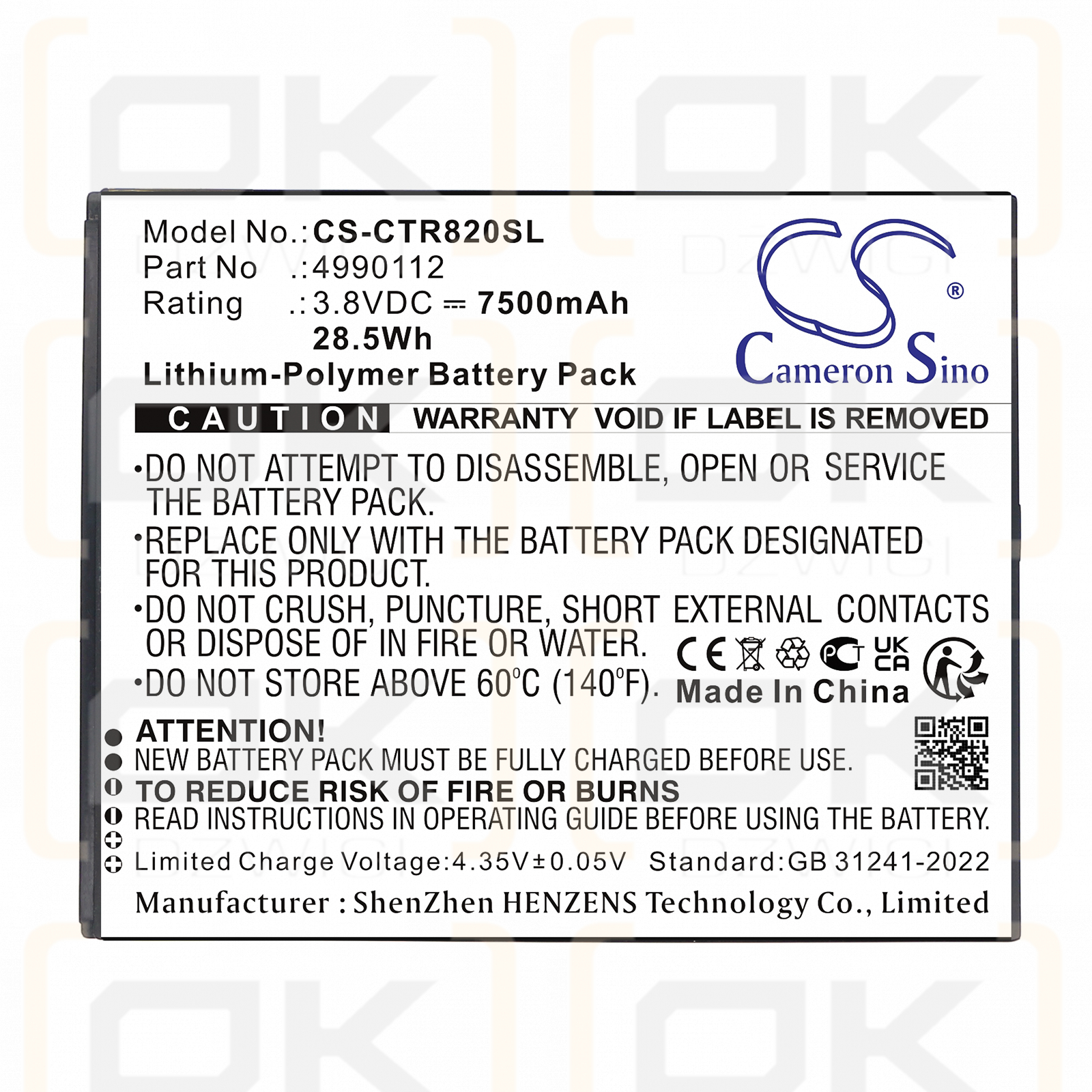 Cedar CT8X2 / 4990112 7500 mAh Li-Polímero 3.8 V (Cameron Sino)