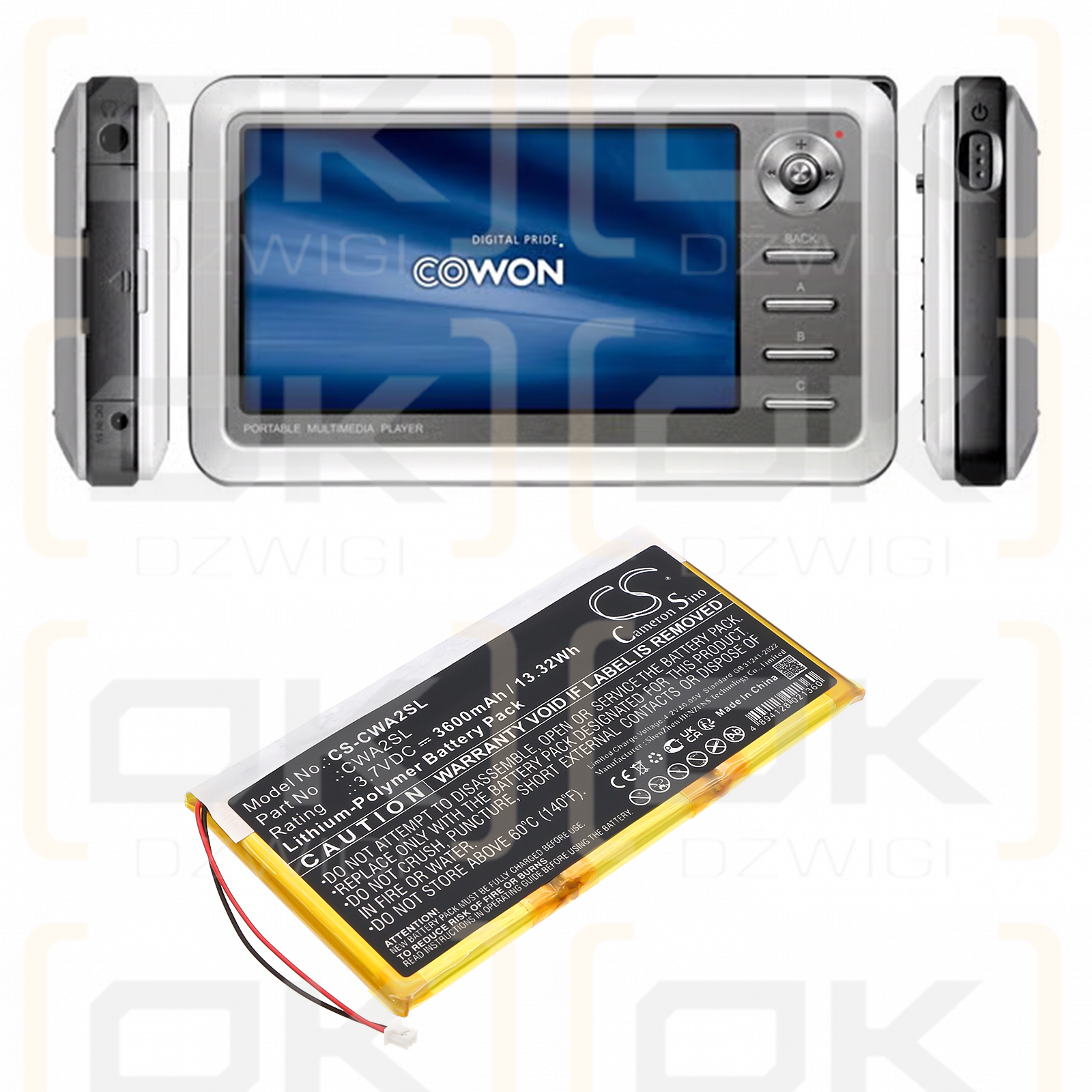 Batería Cowon Q5W de polímero de litio de 3600 mAh y 3,7 V (Cameron Sino)